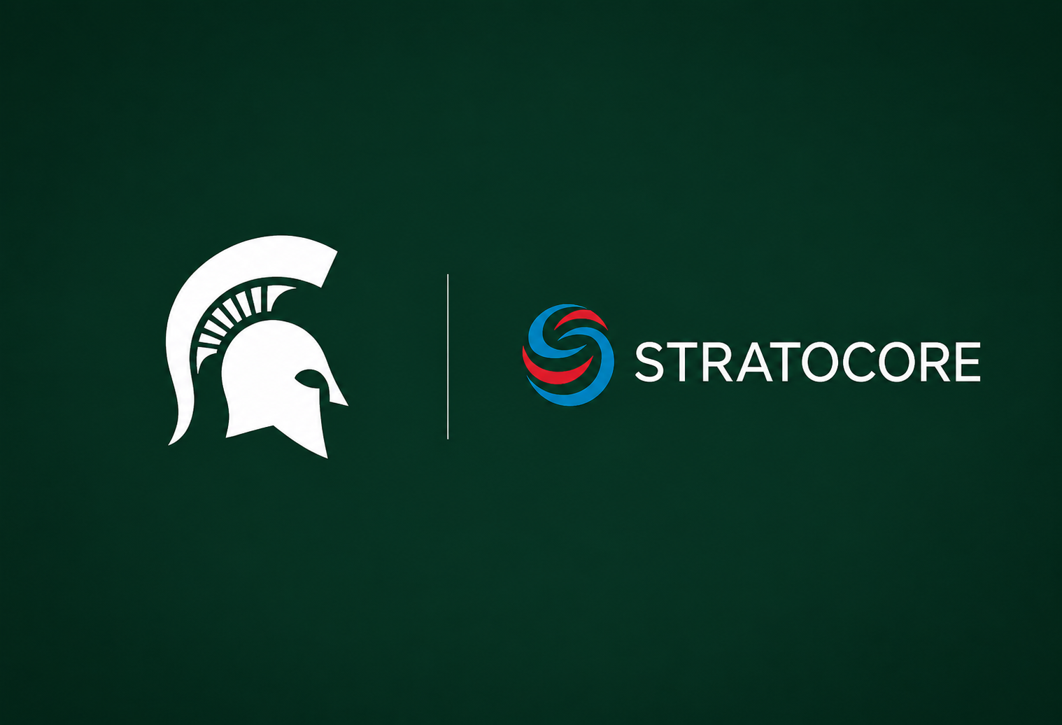 MSU Spartan helmet and Stratocore logos on a dark green background.