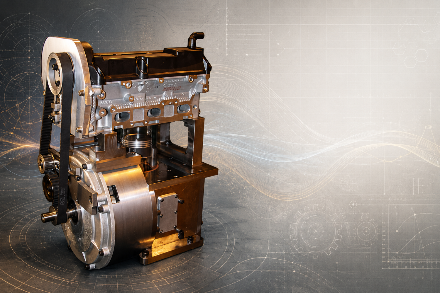 Automotive engine assembly displayed against an abstract engineering background with technical drawings, gear diagrams, grid lines, and flowing energy patterns, with open space on the right for card text.