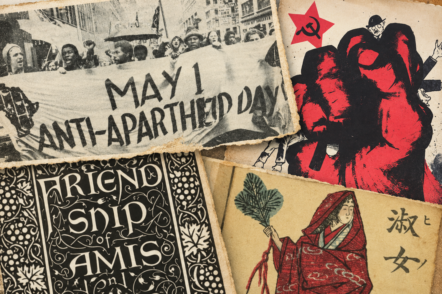 Collage of archival materials from the Murray & Hong Special Collections, featuring an anti-apartheid protest photograph, red-and-black political artwork, ornate book typography, and a vintage Japanese illustration.
