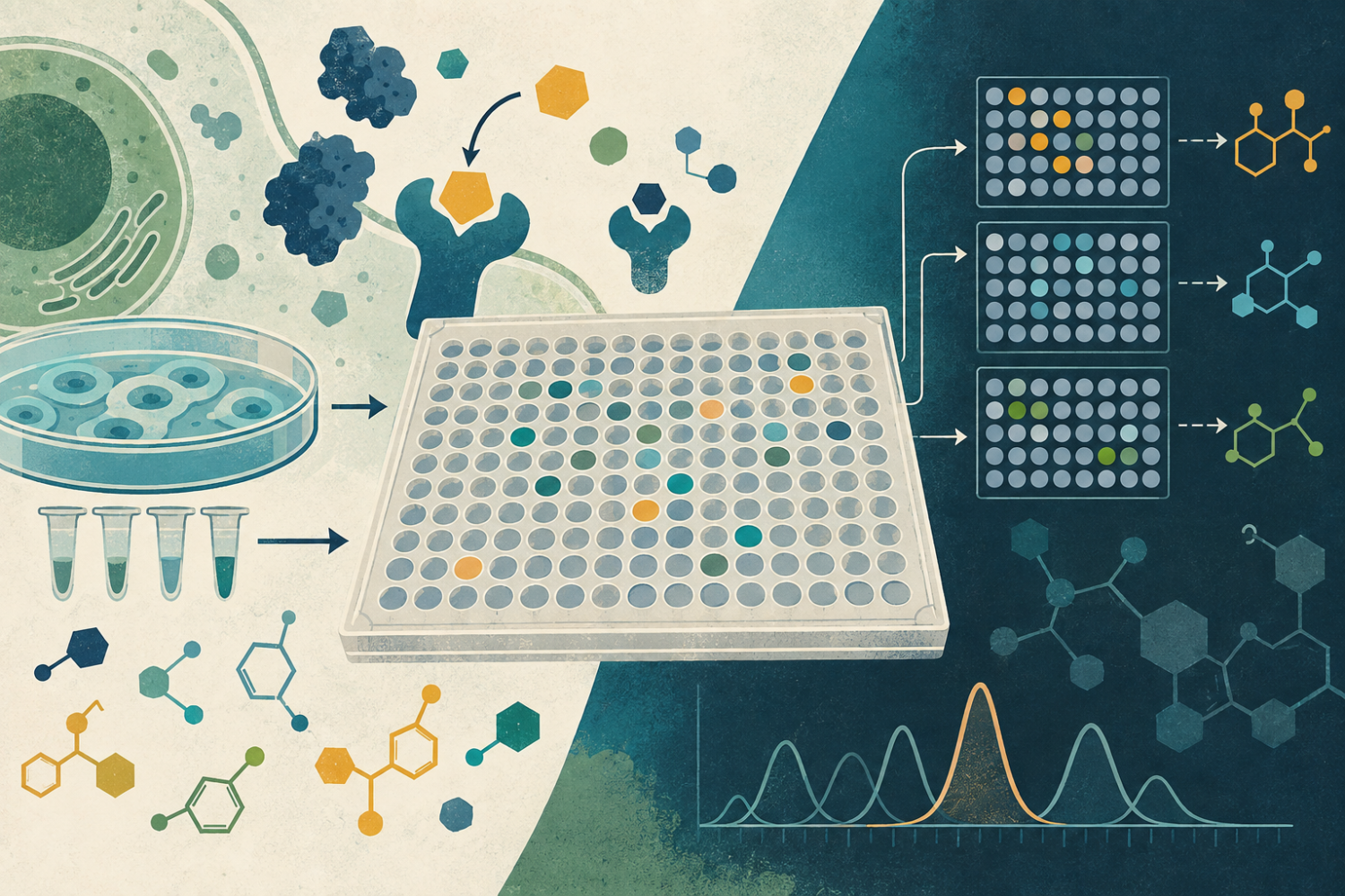 Illustration of high-throughput drug screening showing biological assays, a multiwell plate, chemical compounds, hit validation, and screening analysis.