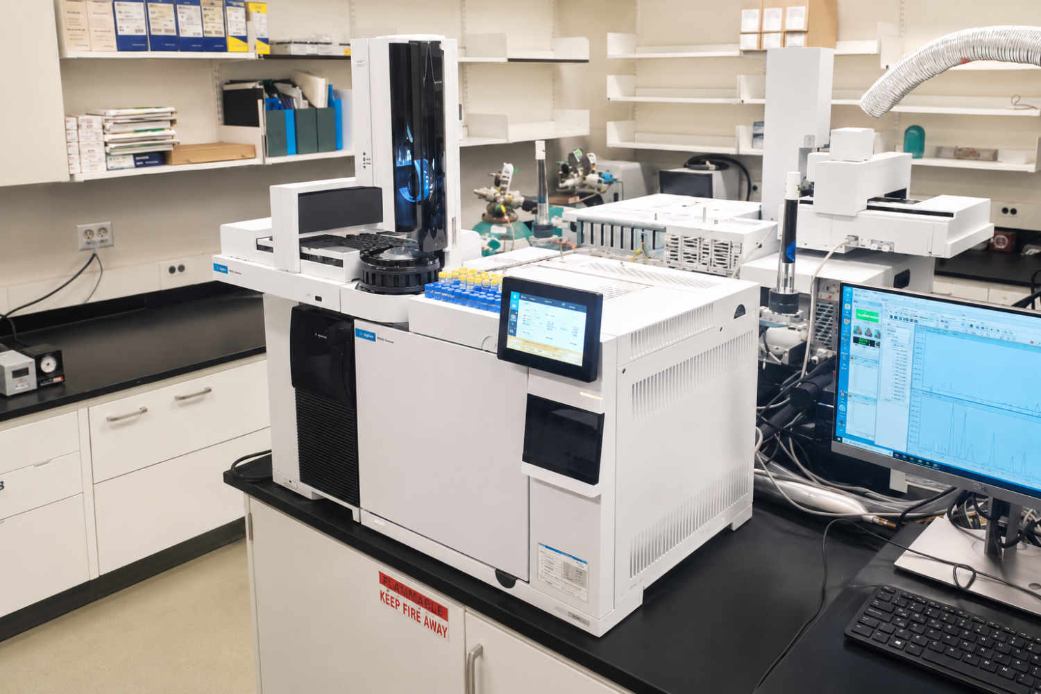 Modern analytical chemistry laboratory with a large automated instrument, sample racks, computer monitors displaying analytical data, and surrounding laboratory equipment.