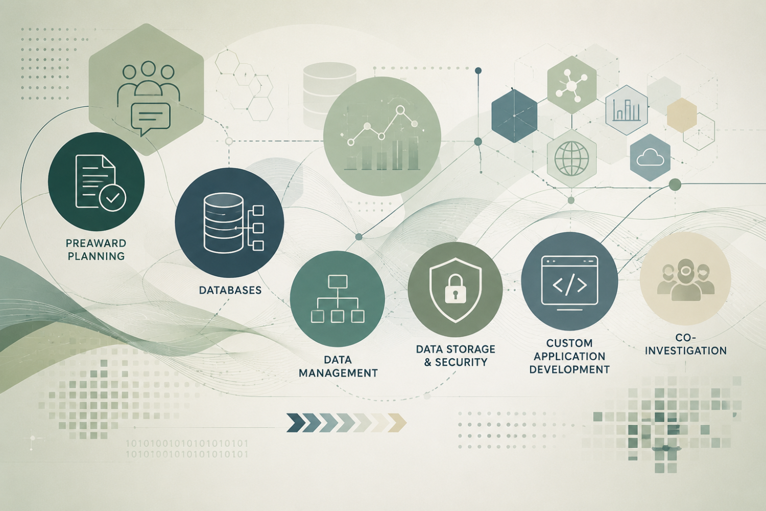 Abstract illustration showing connected research informatics services, including proposal planning, databases, data management, secure storage, application development, and collaborative research support.