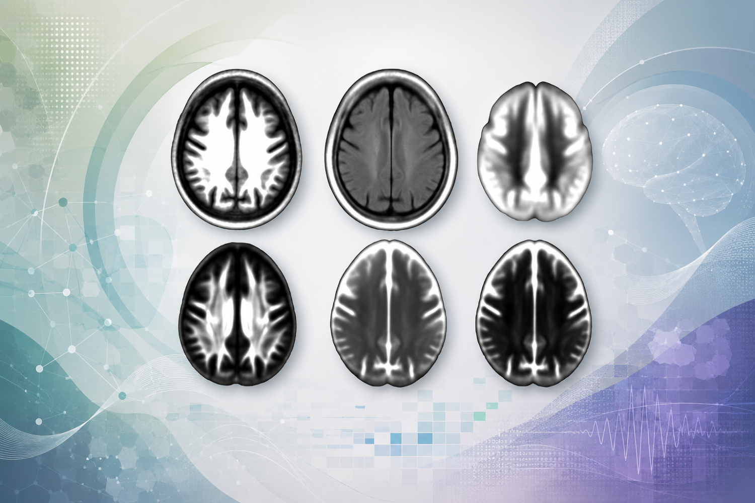 Abstract neuroimaging research graphic with six grayscale axial brain scan images centered over a soft blue, teal, sage, and violet background with subtle brain-network lines, imaging arcs, signal traces, and data-pattern elements.