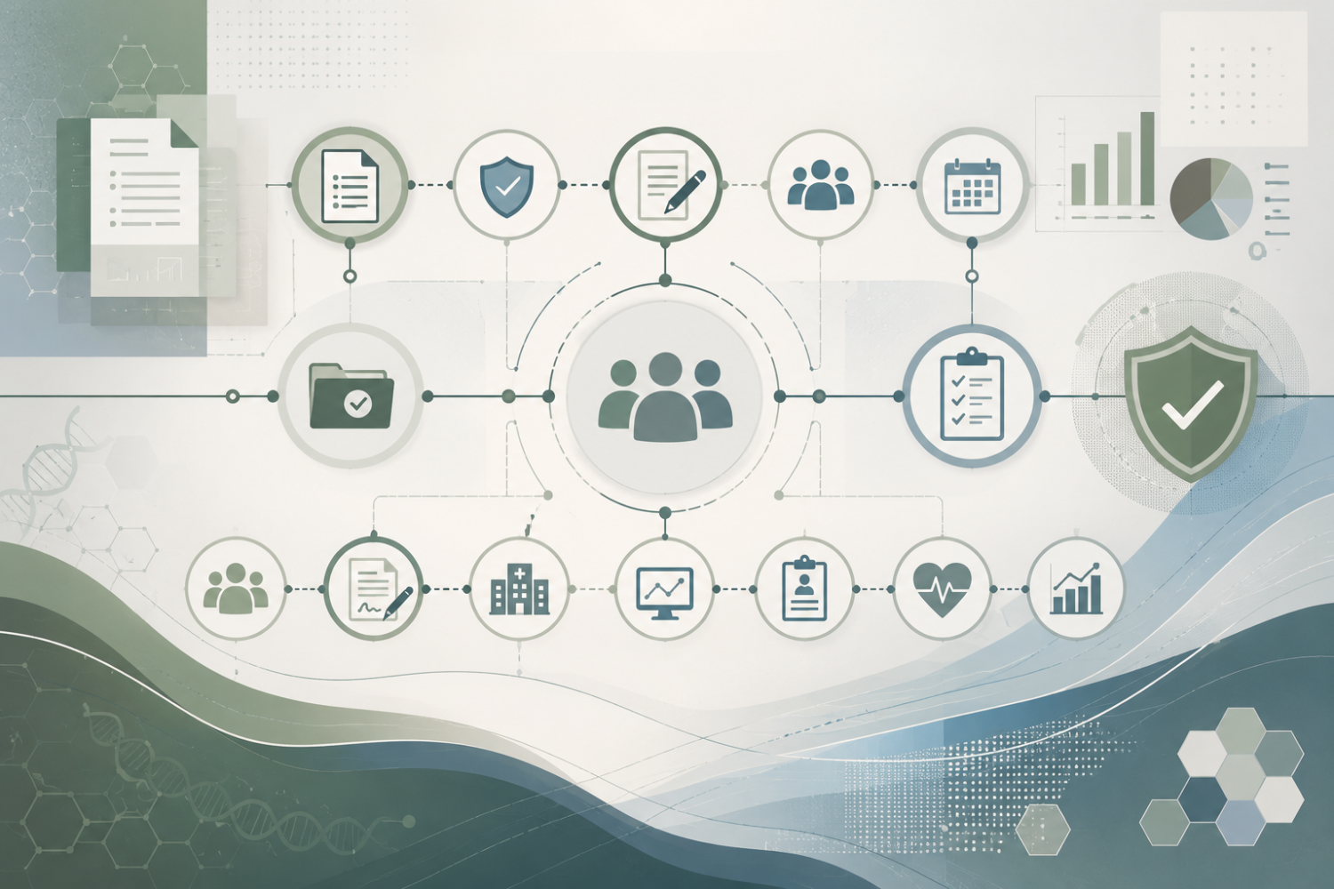 Abstract clinical research support workflow graphic with connected icons representing documents, compliance review, consent, scheduling, participant coordination, data capture, reporting, and research oversight in muted green and blue tones.