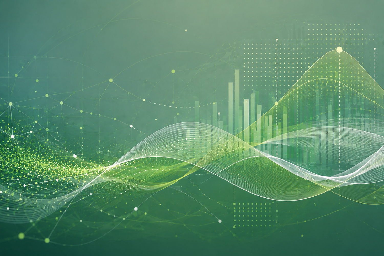 Abstract dark green data visualization with flowing points, network lines, translucent statistical curves, subtle bar charts, and matrix patterns
