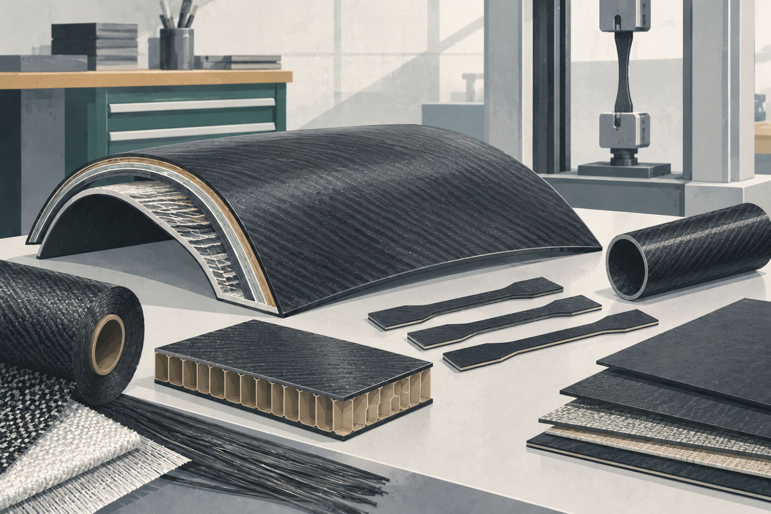 Illustration of a materials engineering workbench featuring a curved carbon-fiber panel, honeycomb composite, tensile-test specimens, laminated sheets, woven reinforcement, and composite tubing, with a mechanical testing machine in the background.