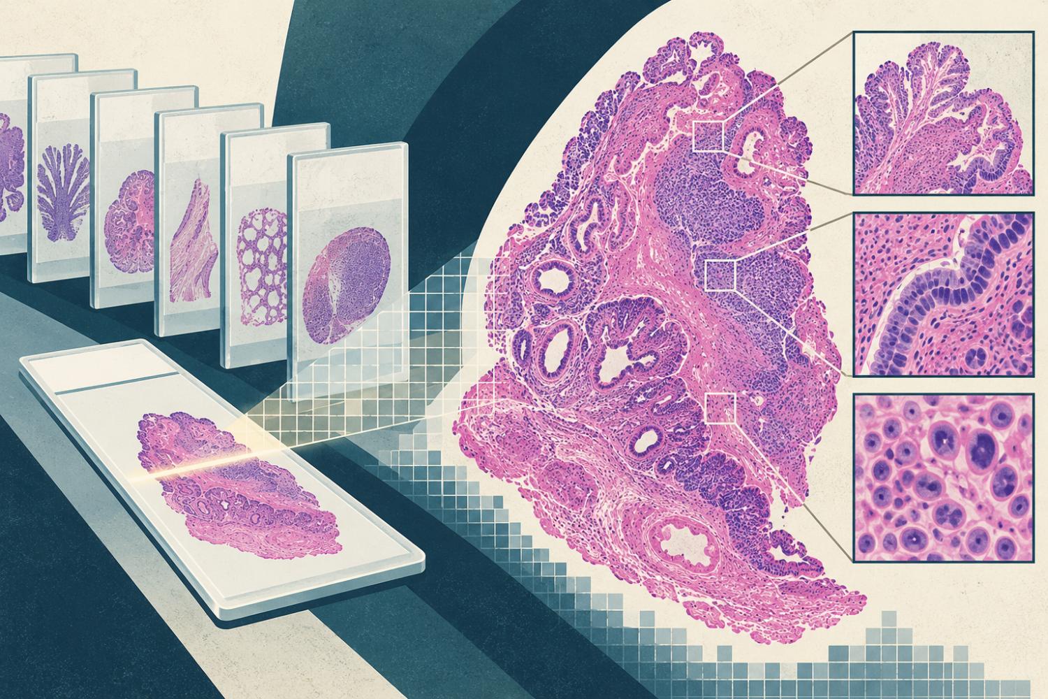 Illustration of digital slide scanning showing tissue slides, whole-slide imaging, and progressively magnified views of cellular structures.