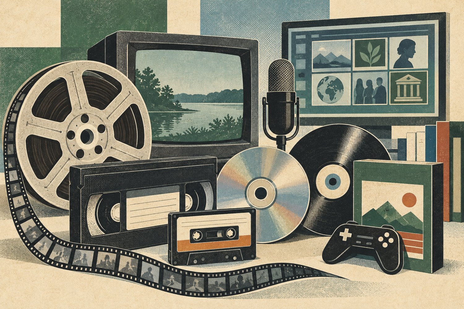 Vintage editorial illustration featuring a reel-to-reel film reel, VHS and audio cassettes, discs, a CRT monitor, microphone, computer display, video game controller, and media cases, representing multimedia collections, digital access, and technology.