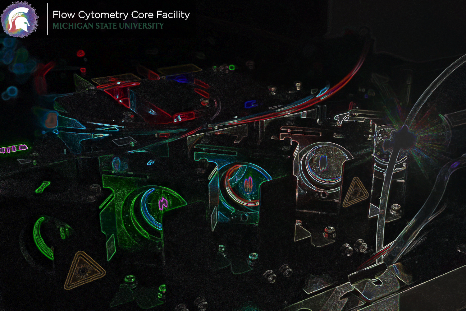 Dark, stylized image of flow cytometry equipment with neon-like outlines of instrument components, tubing, and laser pathways, with a Michigan State University Flow Cytometry Core Facility label in the upper left.