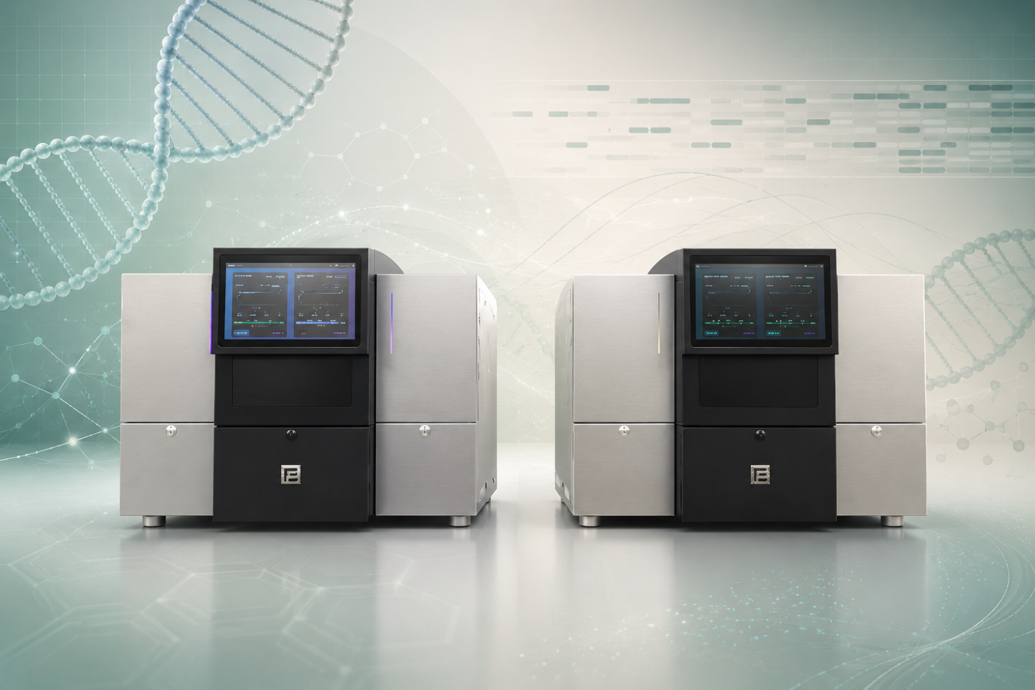 Two benchtop genomics sequencing instruments displayed on a clean abstract background with DNA helix shapes, sequencing-read patterns, soft data-flow lines, and muted teal, sage, ivory, and graphite tones.