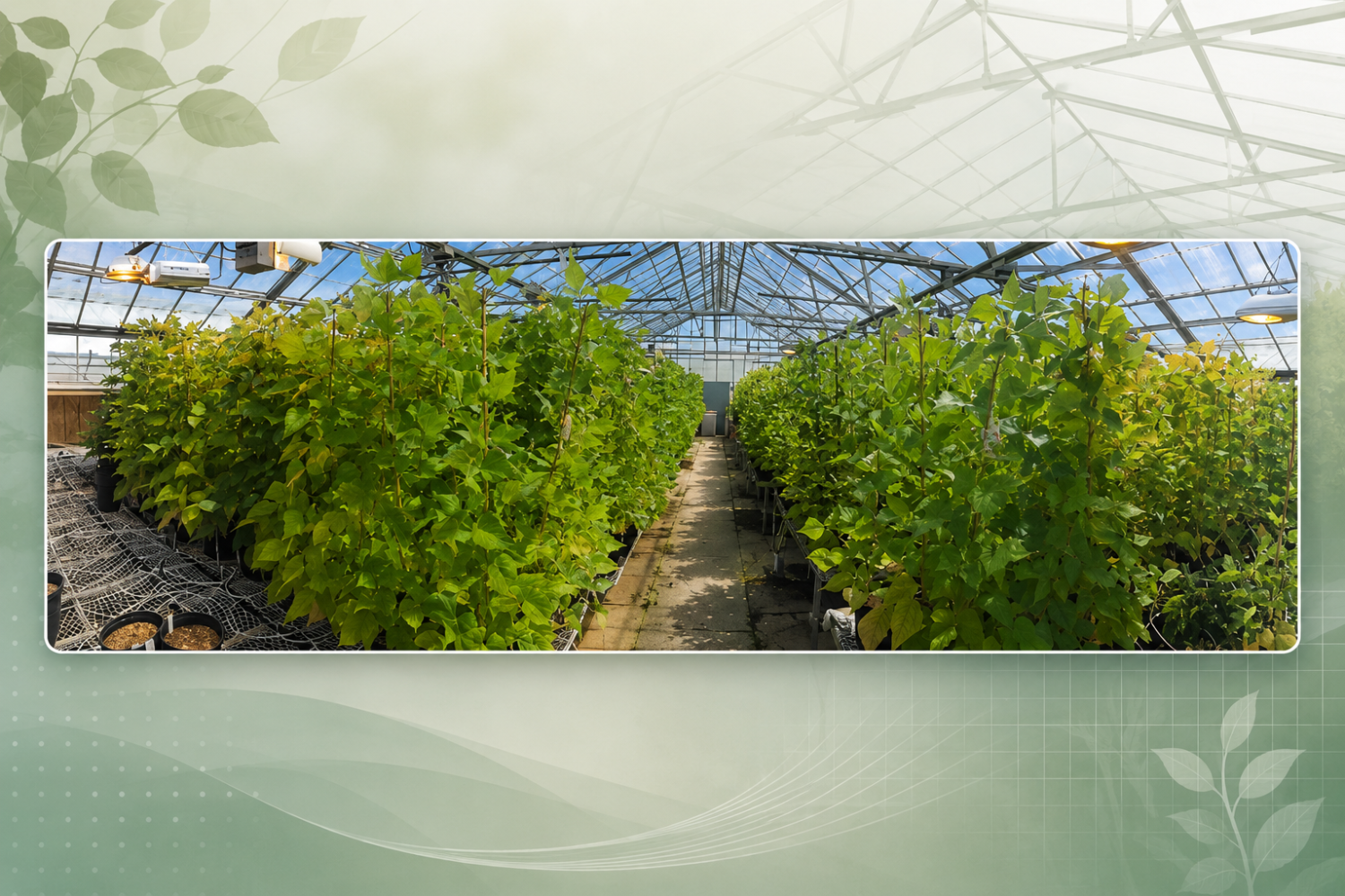 Greenhouse research card showing rows of dense green plants inside a glass greenhouse, centered on a soft sage and ivory abstract background with subtle leaf shapes, greenhouse roof lines, and light research-inspired patterns.