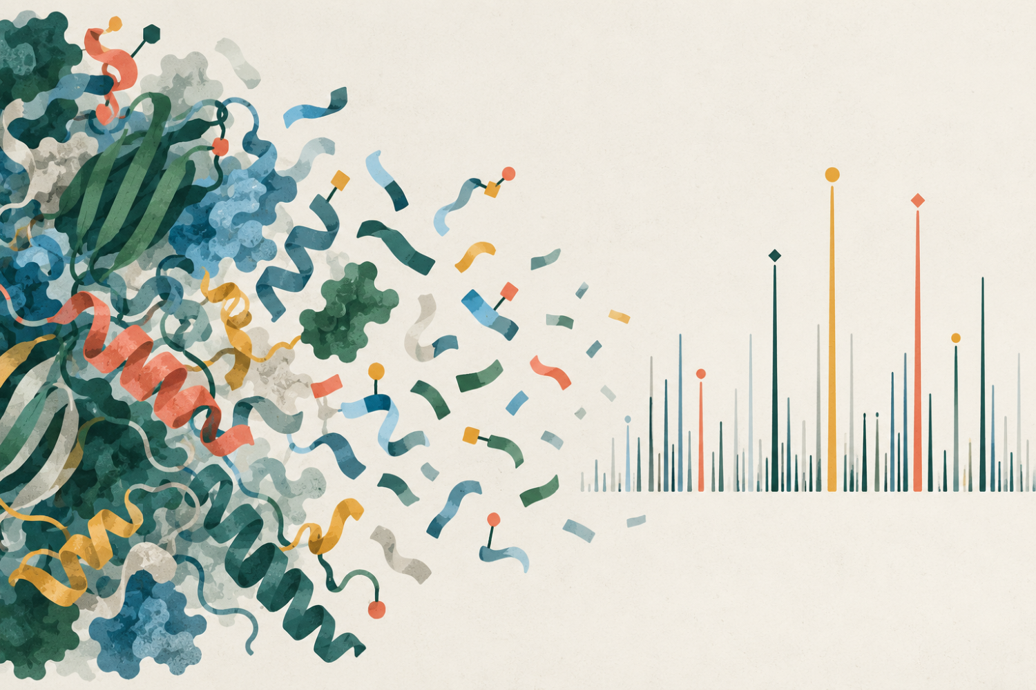 Abstract illustration representing proteomics and mass spectrometry, showing the transformation of complex biological samples into precise molecular data.