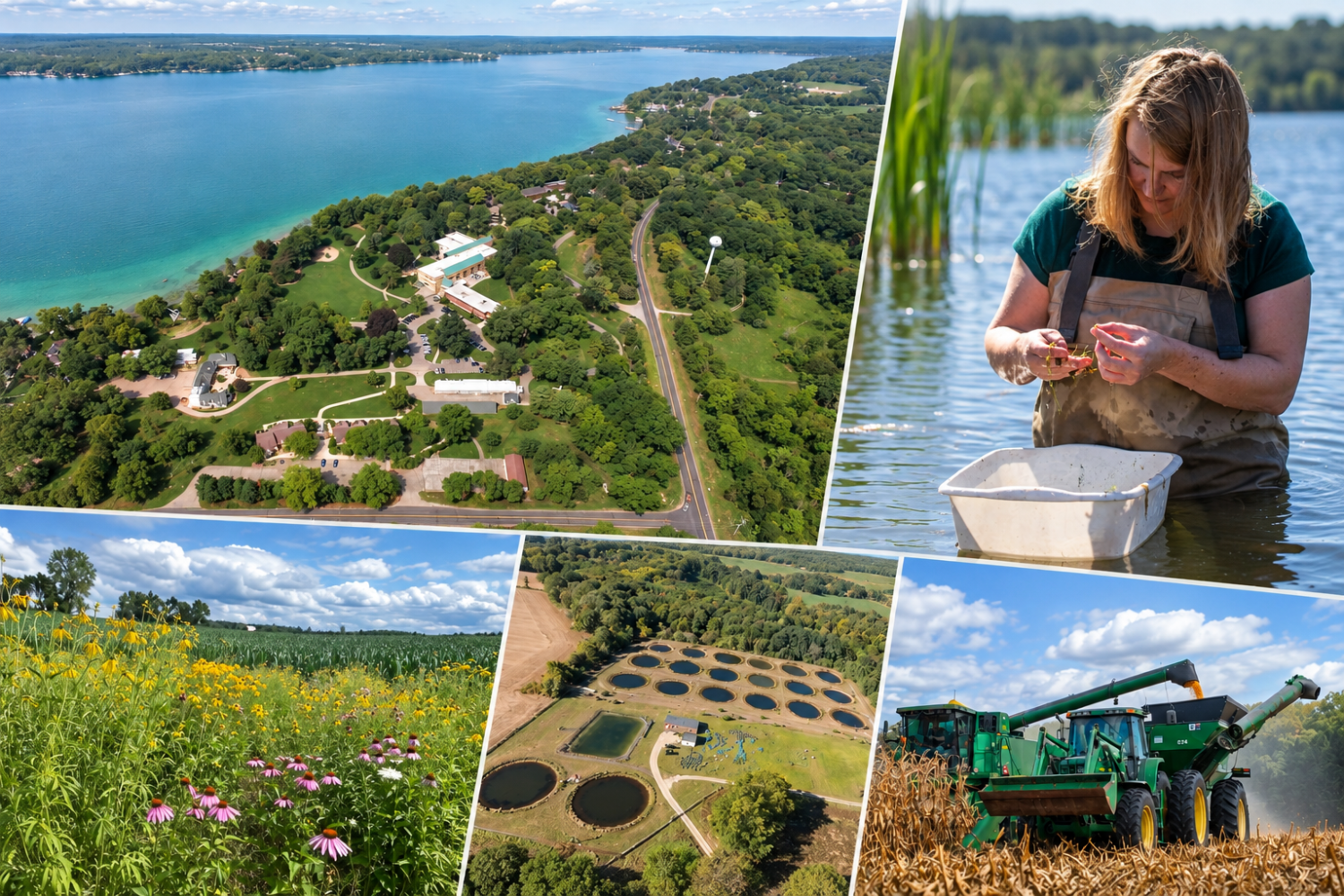 Photographic collage of the W.K. Kellogg Biological Station featuring an aerial view of the lakeside campus, aquatic field research, prairie wildflowers, experimental ponds, and agricultural harvesting.