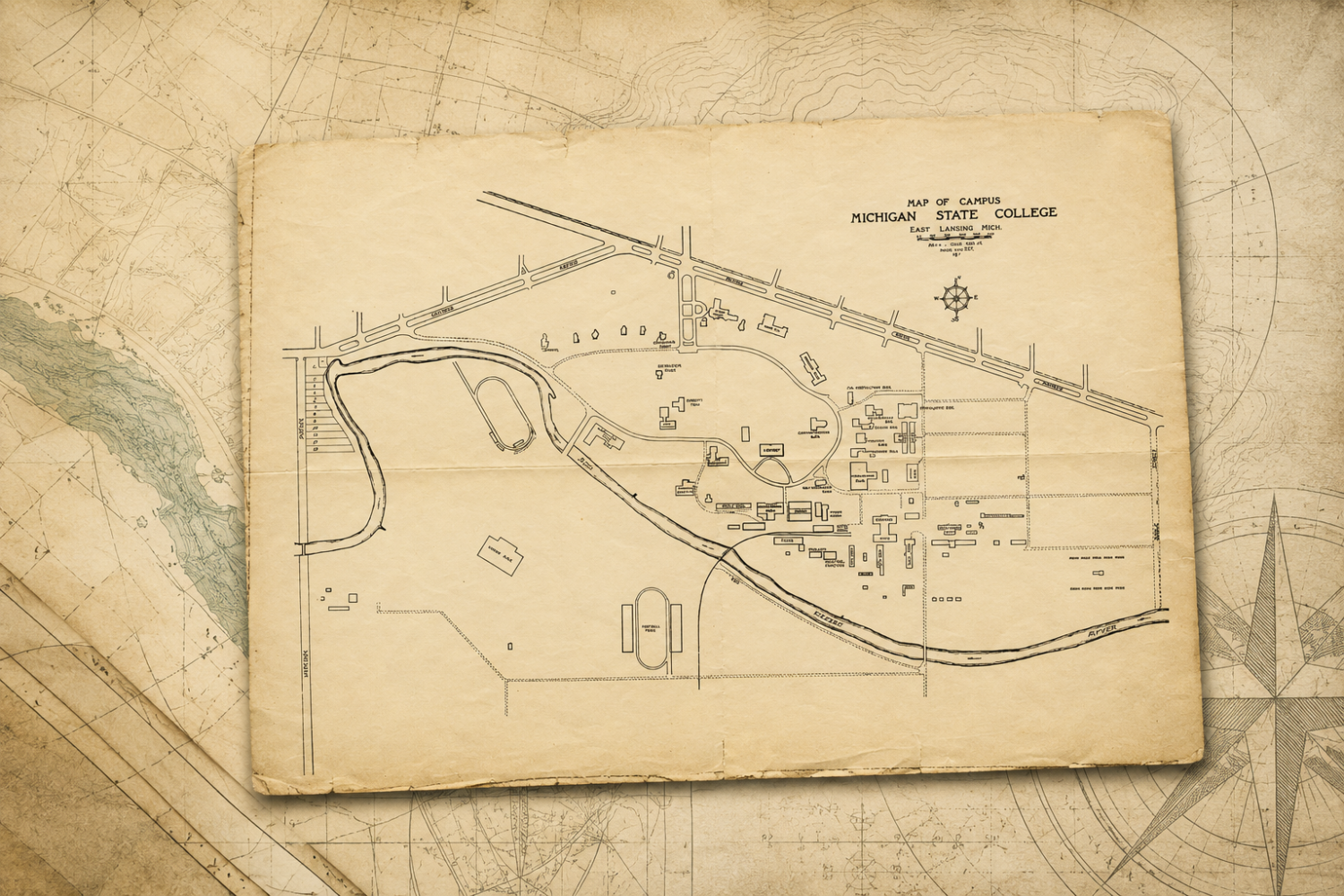 Historic Michigan State College campus map displayed on an abstract archival background with parchment textures, contour lines, and compass-inspired cartographic details.