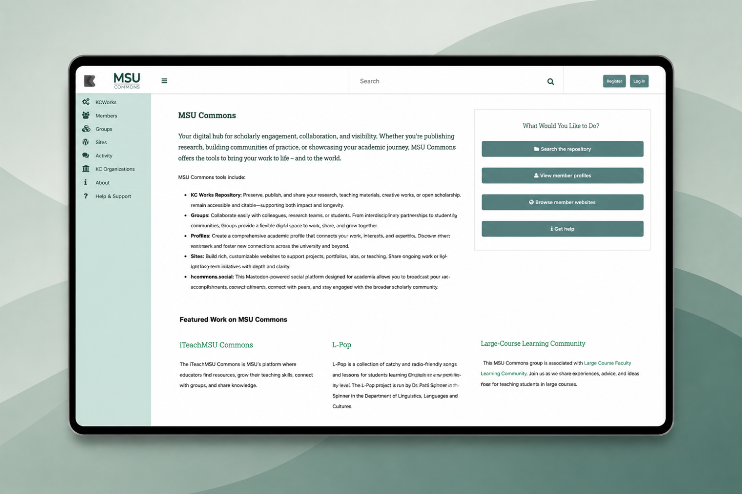 MSU Commons website displayed in a laptop-style frame on a muted green abstract background, showing a scholarly collaboration and repository platform with navigation, search, content sections, and action buttons.