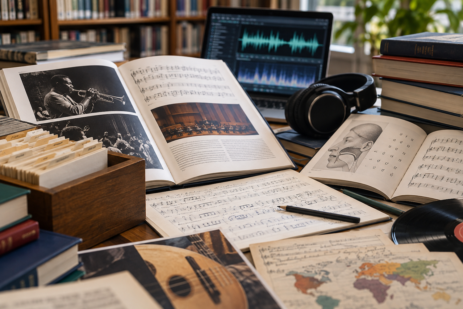 Music research workspace featuring scholarly books, musical scores, archival materials, index cards, headphones, a vinyl record, and a laptop displaying audio waveforms.
