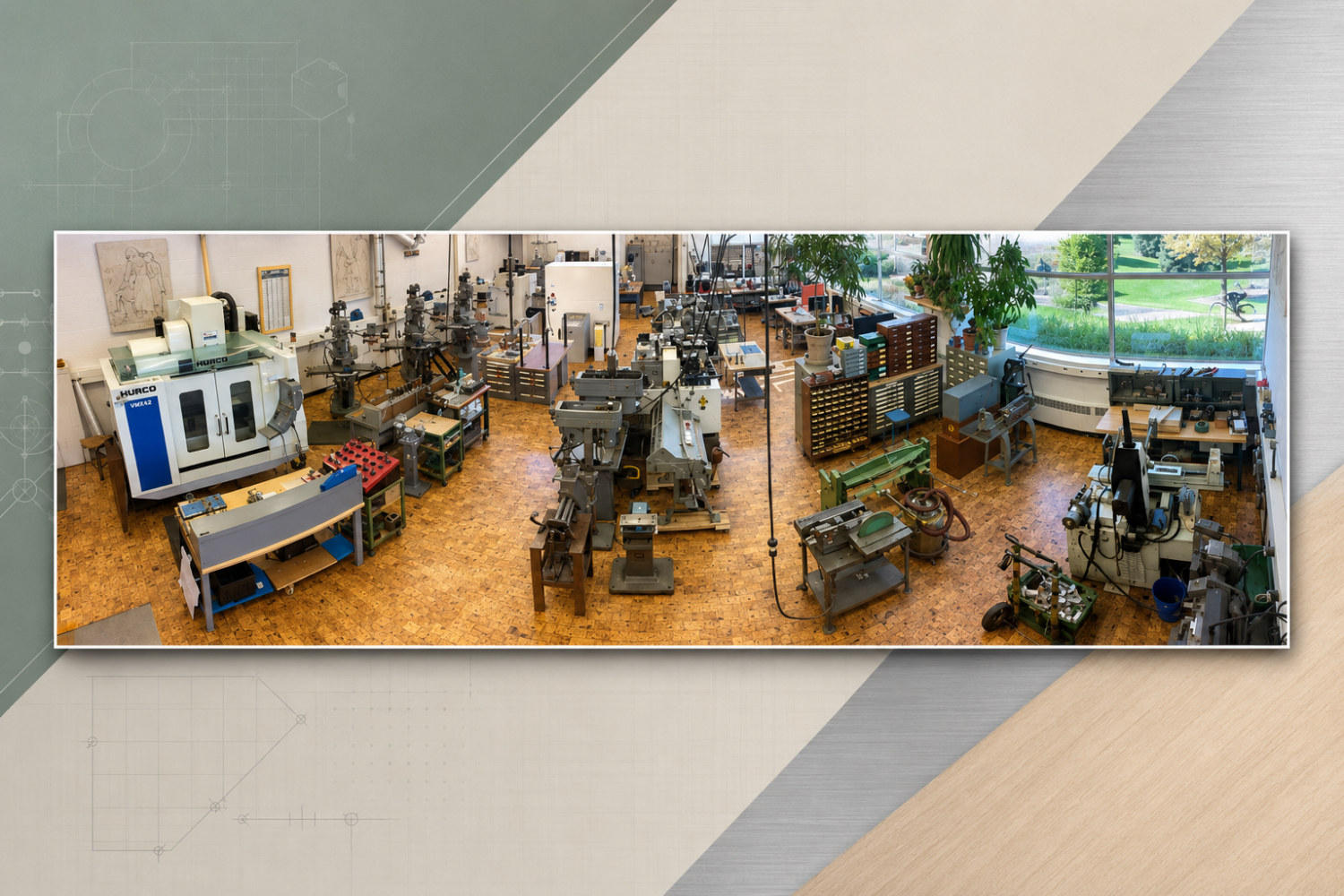 Panoramic view of a university machine shop with CNC equipment, mills, lathes, workbenches, tool cabinets, and fabrication tools, presented on a muted abstract engineering-themed background.