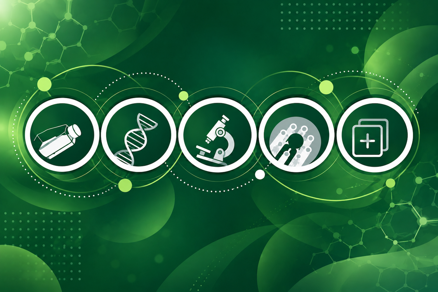 Scientific research graphic featuring five circular icons representing laboratory samples, DNA, microscopy, biological analysis, and shared research resources on a green background.