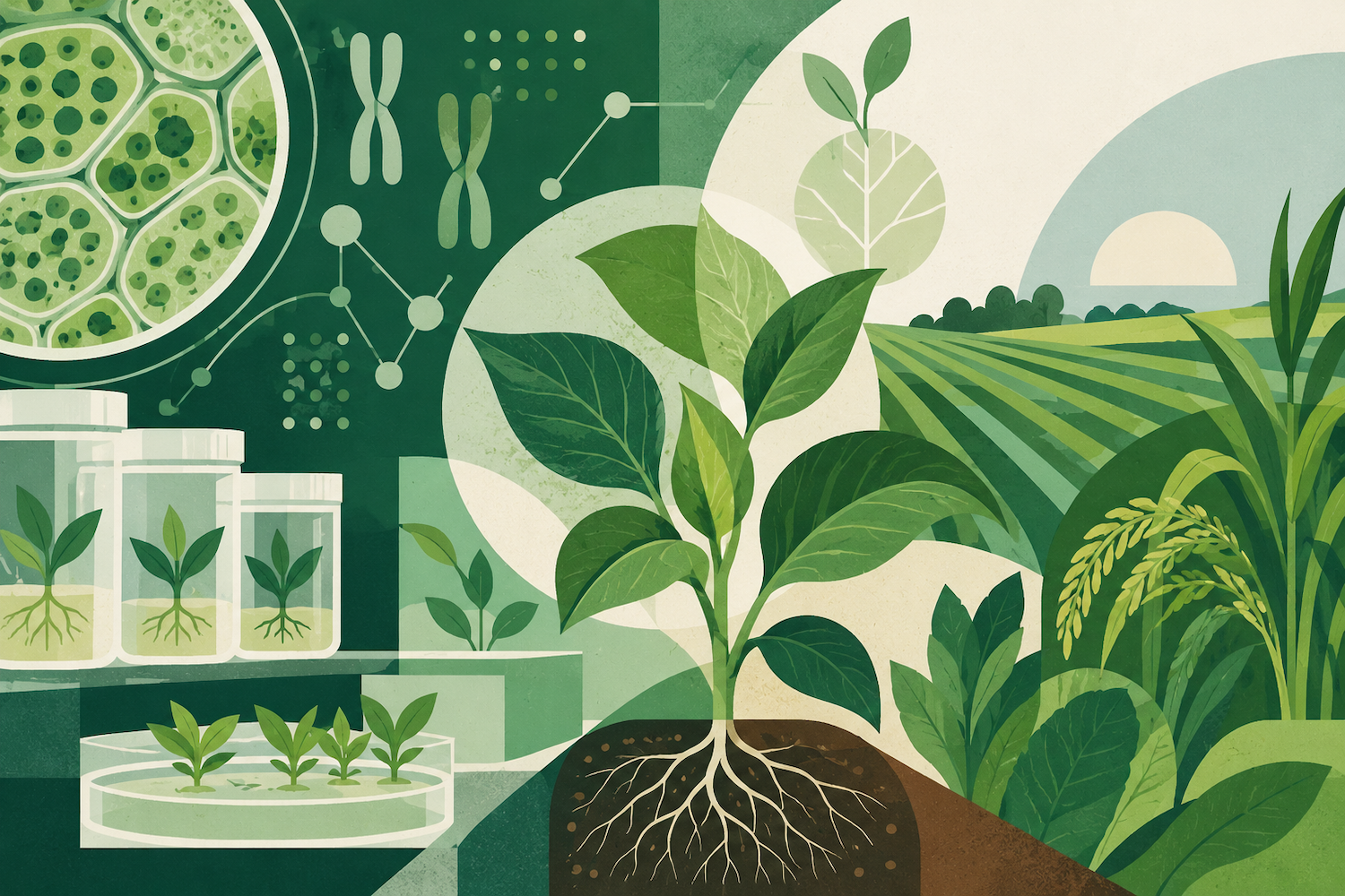 Illustration connecting plant biotechnology and agriculture through plant cells, chromosomes, tissue-cultured plantlets, growing plants, roots, and cultivated fields.