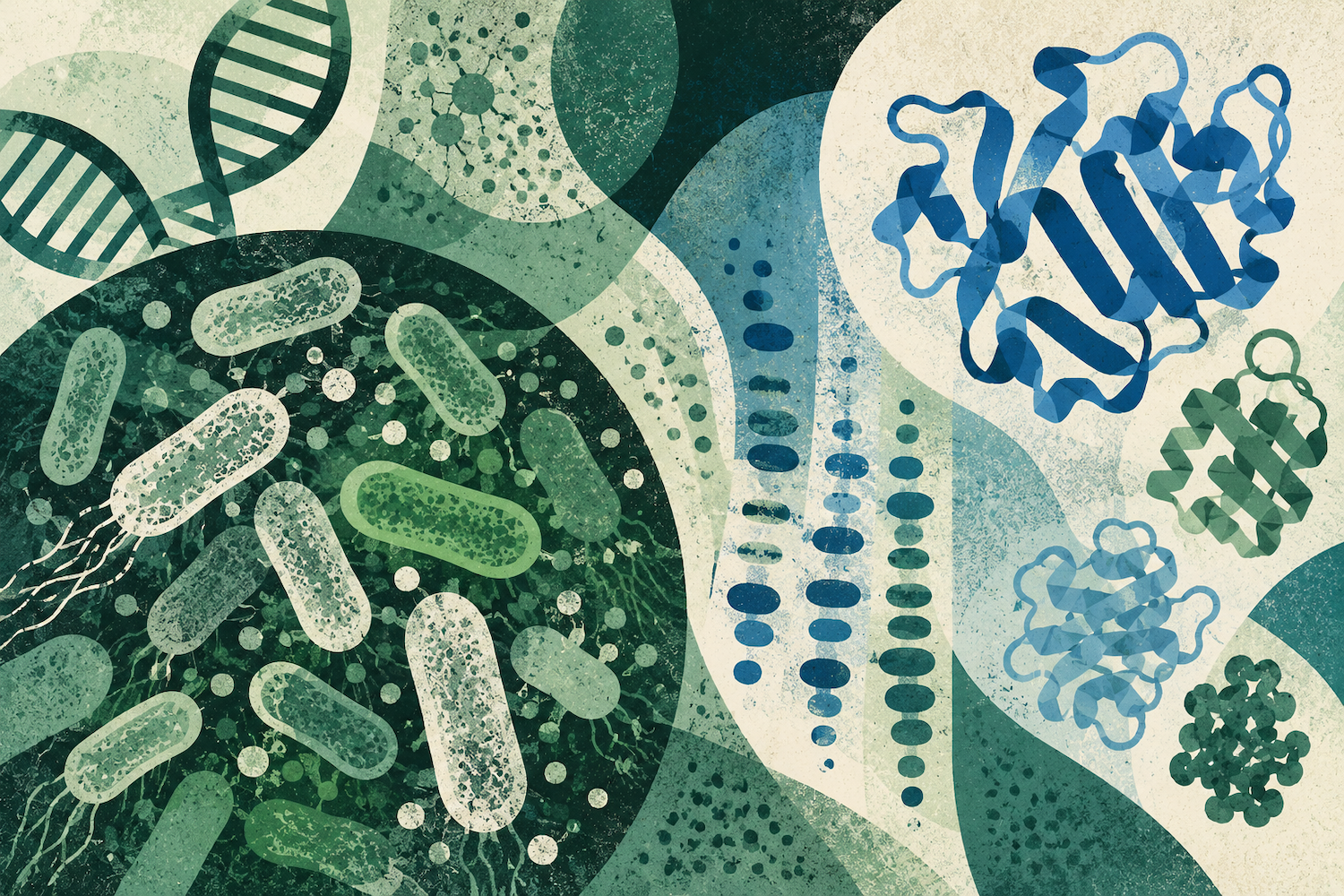 Abstract illustration of DNA, microbial cells, protein structures, and purification patterns representing recombinant protein expression and research.