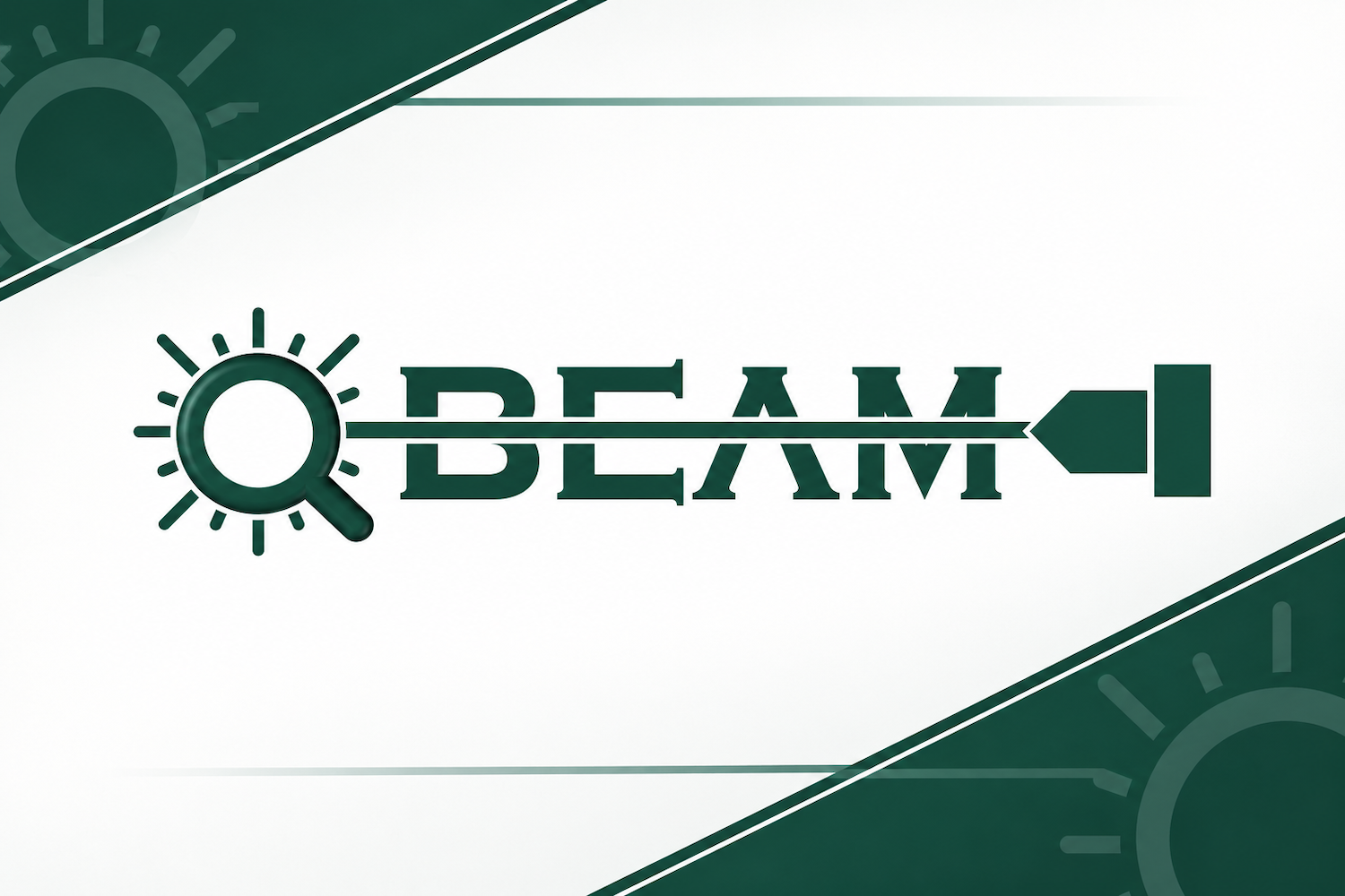 QBEAM logo featuring a magnifying glass integrated with a horizontal analytical beam on a green and white background.