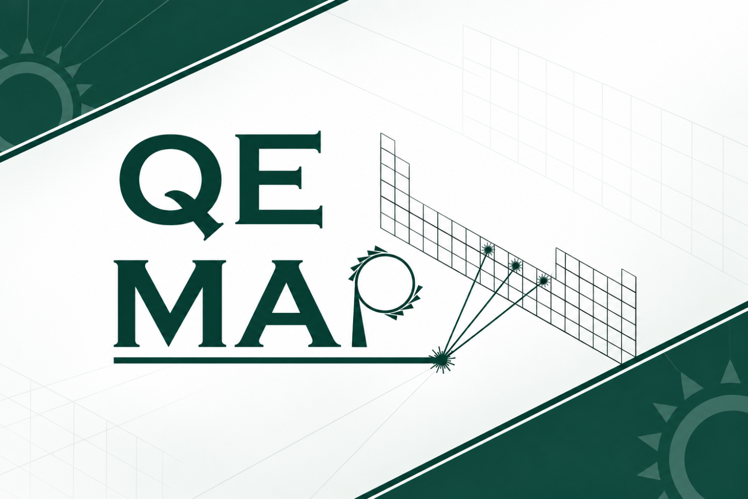 QE-MAP logo featuring a circular scanning element, radiating beams, and a gridded detector graphic on a green and white background.