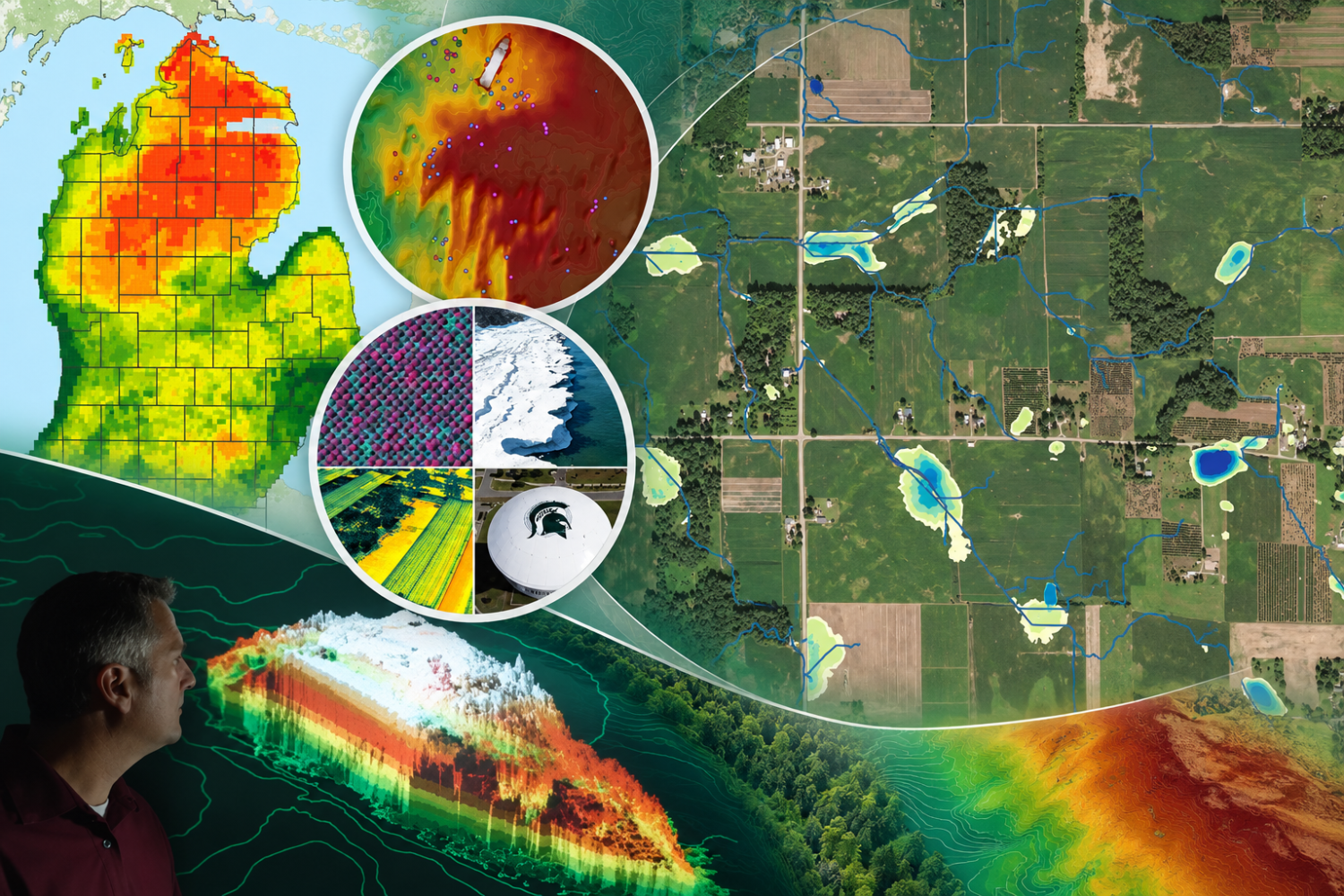 Collage of GIS and remote-sensing applications featuring aerial imagery, climate and terrain maps, LiDAR visualization, hydrology overlays, and agricultural spatial analysis.