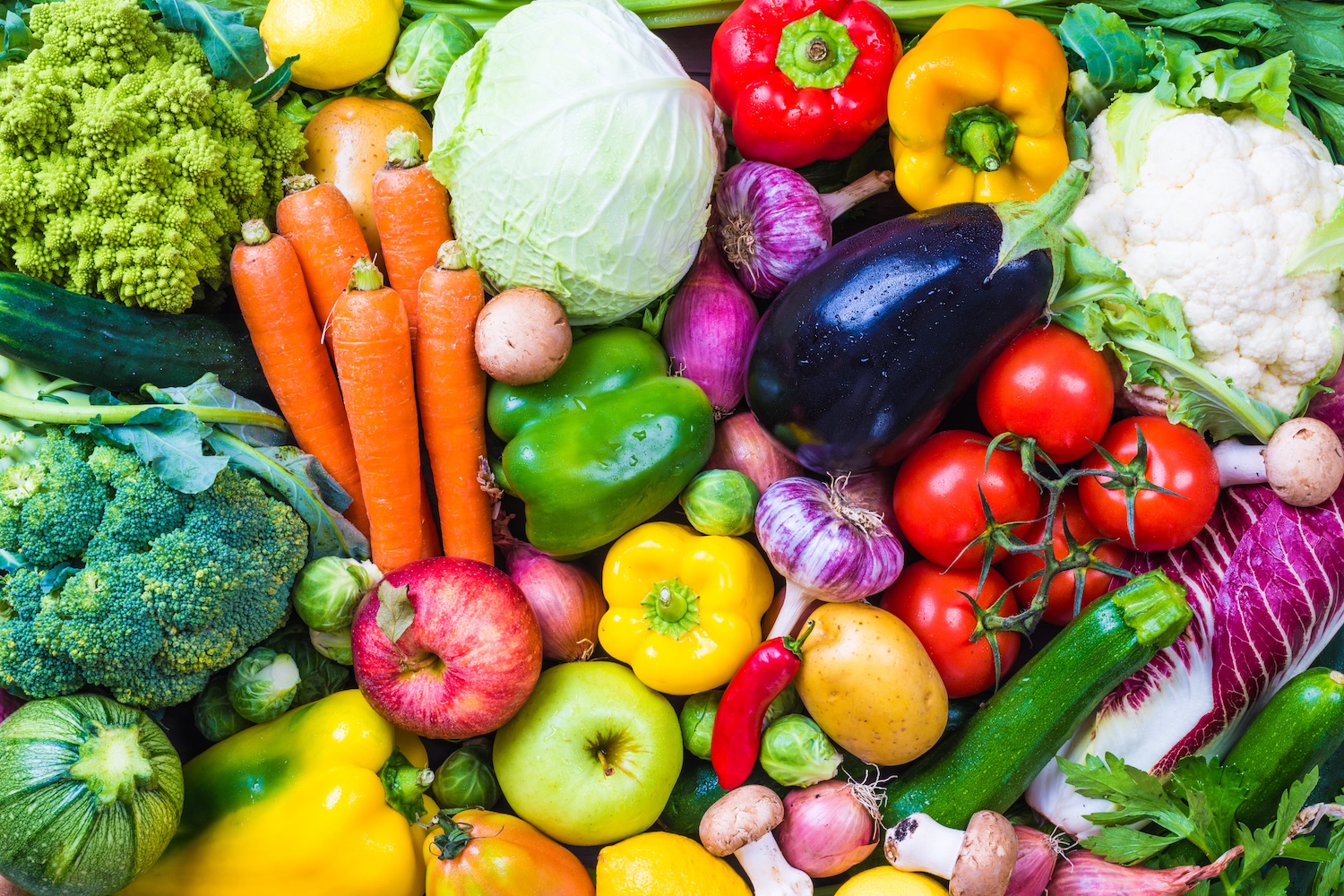 Lots of colorful vegetables taken from overhead