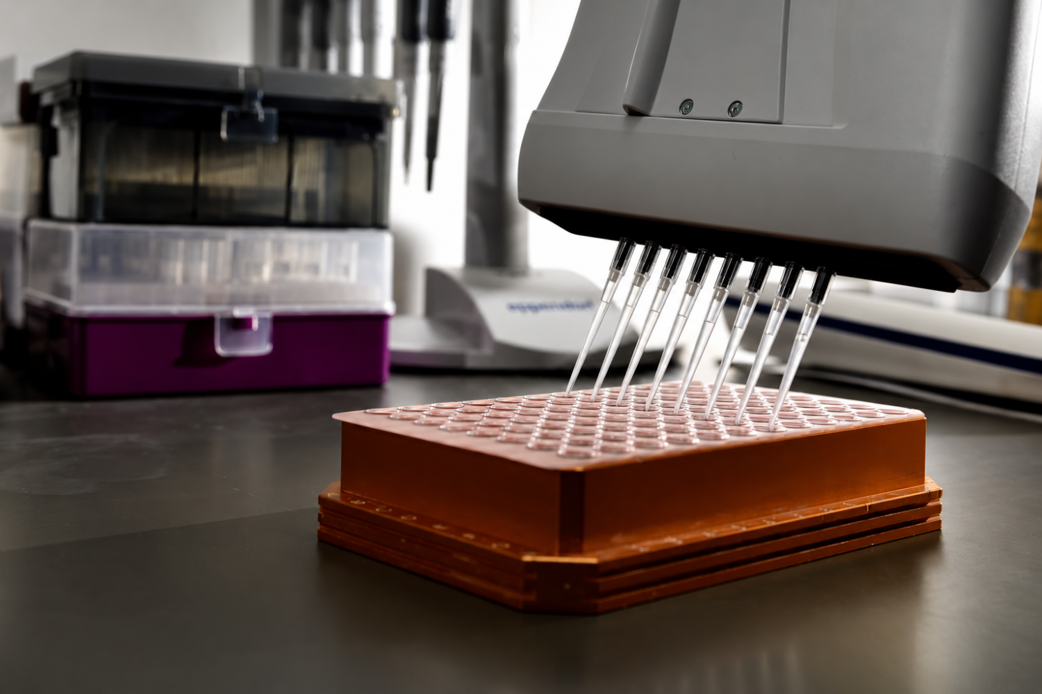 Automated multichannel pipetting system dispensing samples into a microplate in a laboratory.