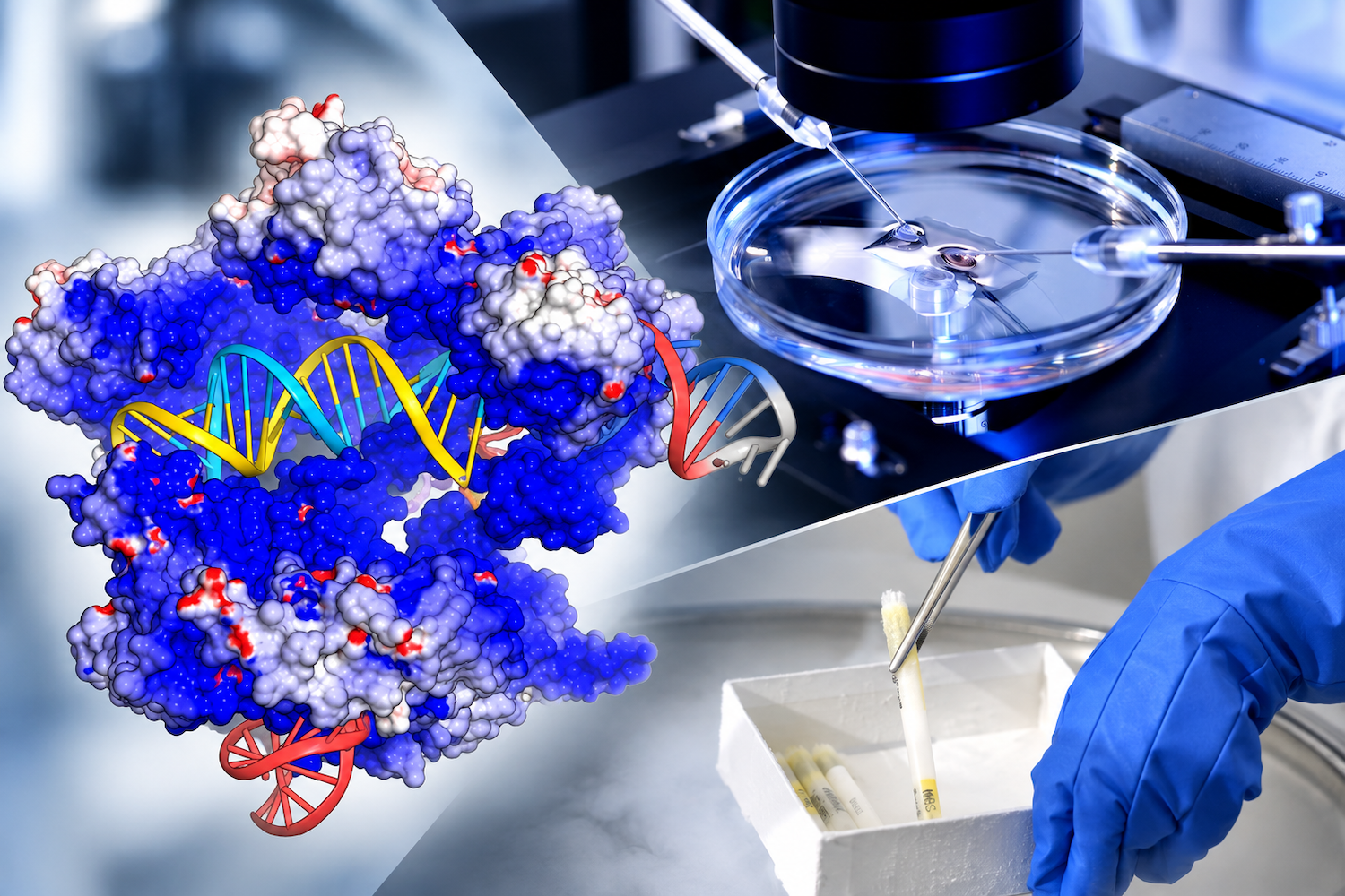 Collage representing genome editing and transgenic research, featuring a CRISPR-Cas9 molecular structure, embryo microinjection, and cryogenic sample preservation.
