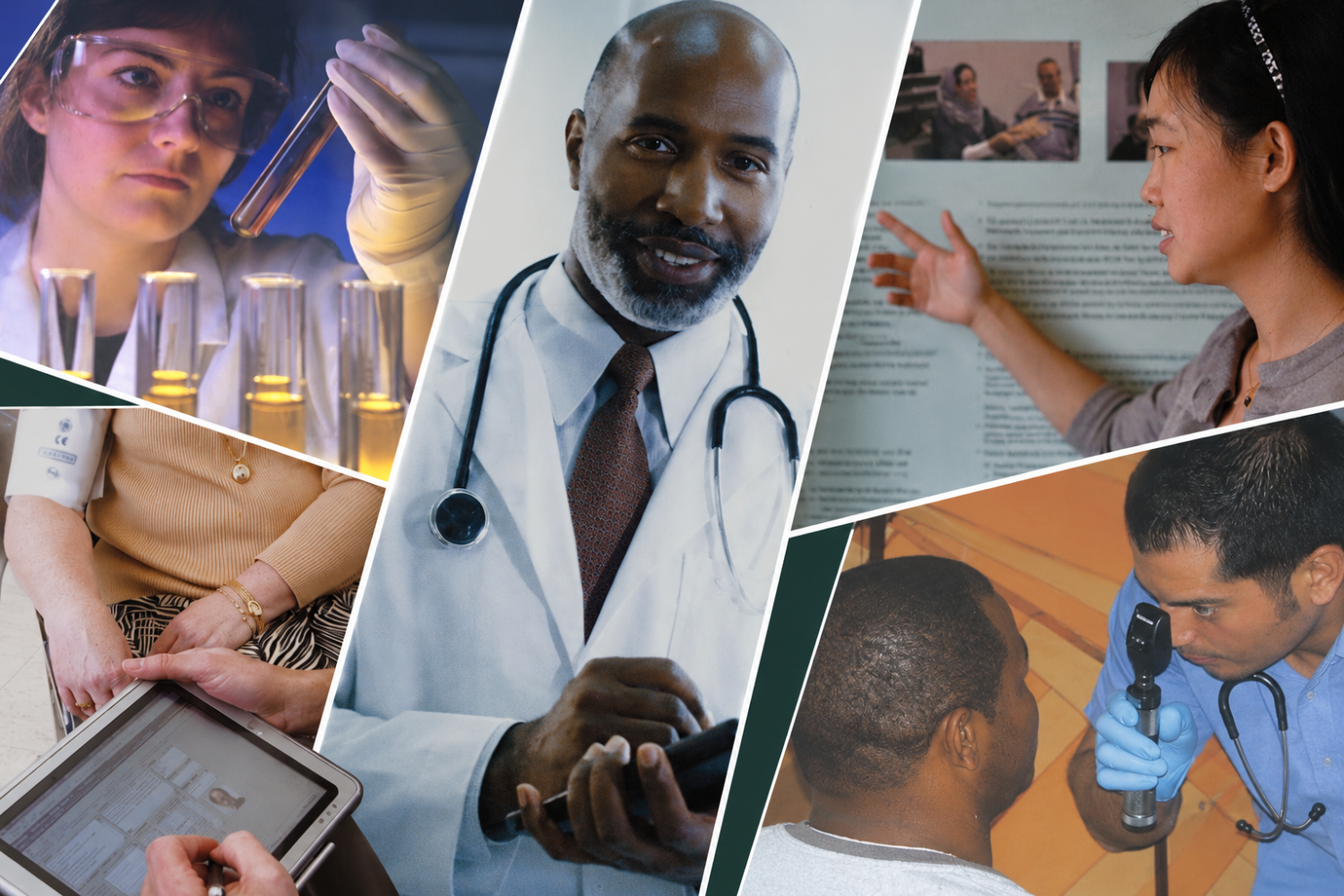 Collage of translational research activities featuring laboratory analysis, participant data collection, clinical care, research collaboration, and a patient examination.
