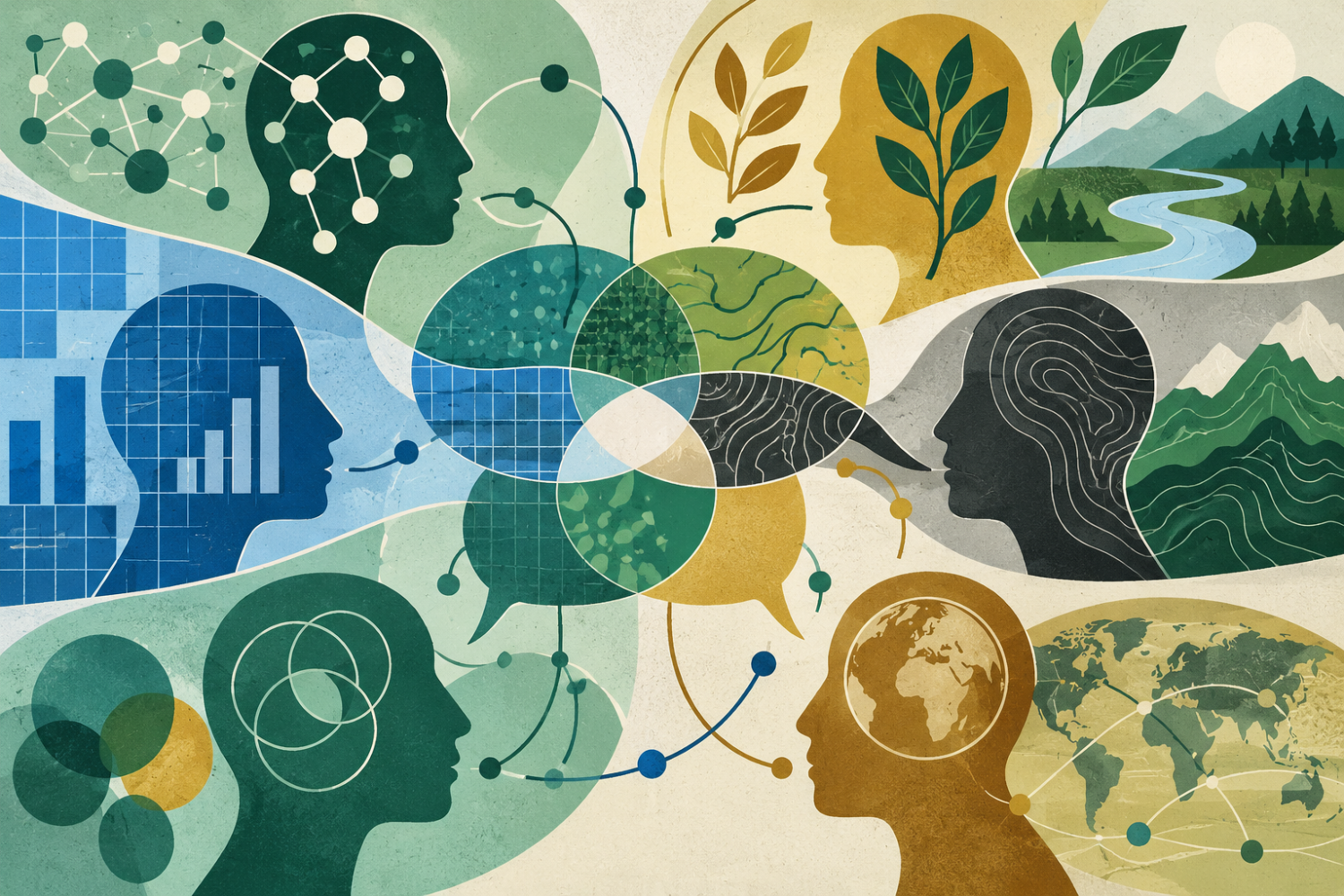 Abstract illustration of diverse perspectives and disciplines connecting through dialogue, shared ideas, and collaborative networks.