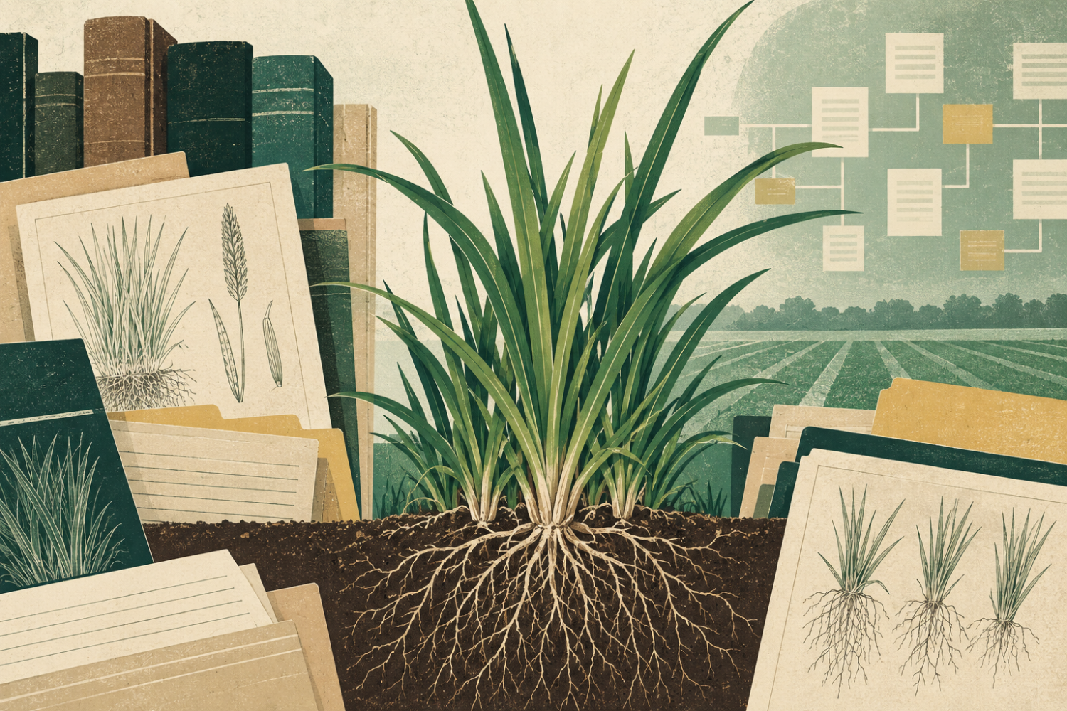 Illustration of turfgrass with exposed roots surrounded by archival research materials, botanical drawings, field plots, and an abstract information catalog.