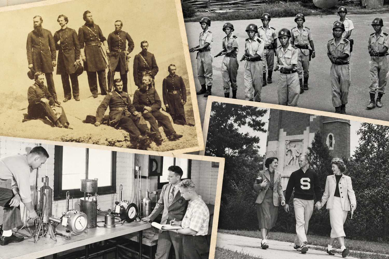 Archival collage featuring Civil War-era soldiers, the Saigon Municipal Police Riot Squad, chemical engineering students and faculty in a 1947 laboratory, and students walking in front of Beaumont Tower in 1954.
