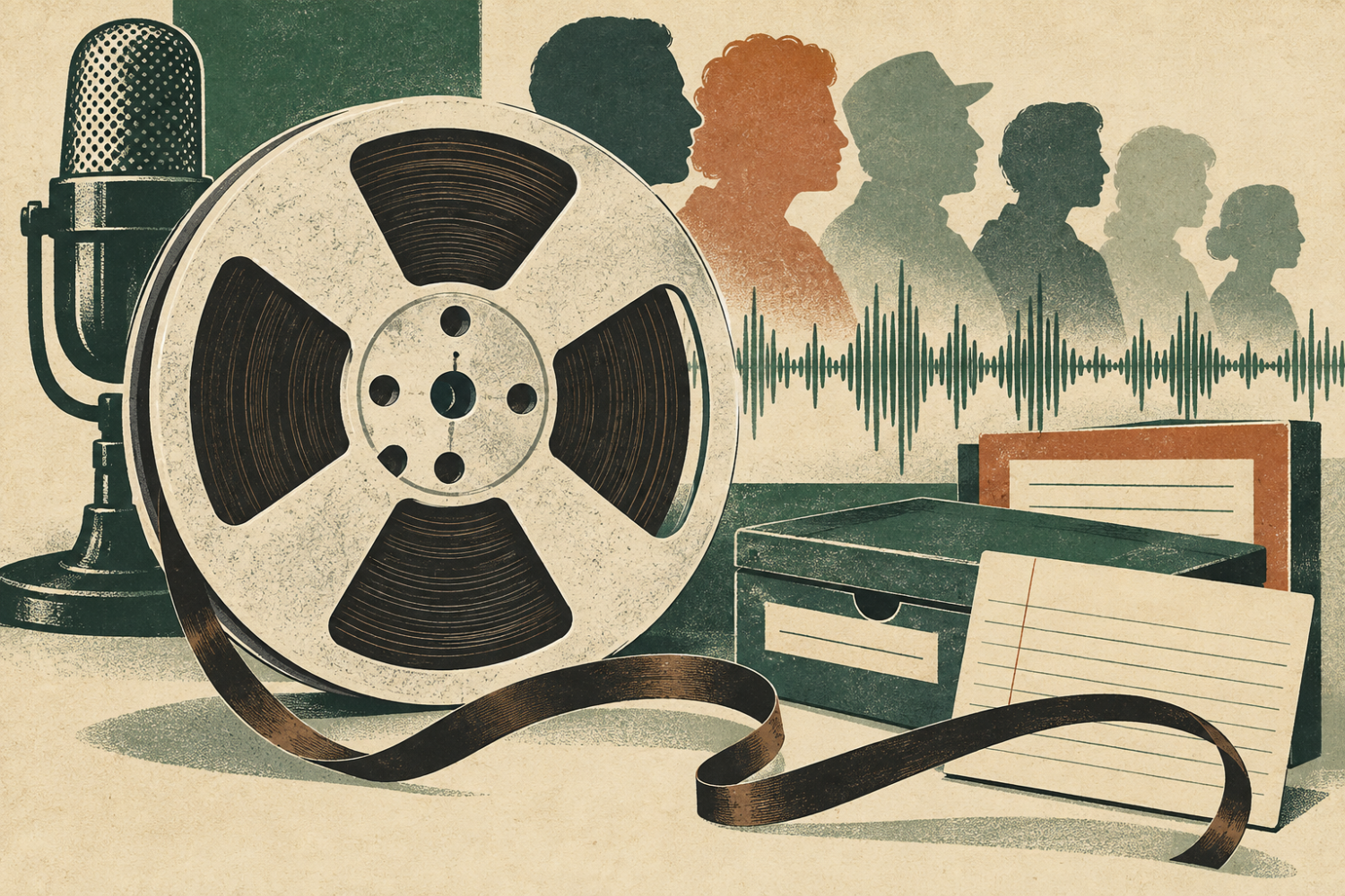 Vintage-style illustration of a reel-to-reel tape, broadcast microphone, audio waveform, archival storage boxes, index cards, and human silhouettes representing recorded voices across generations.