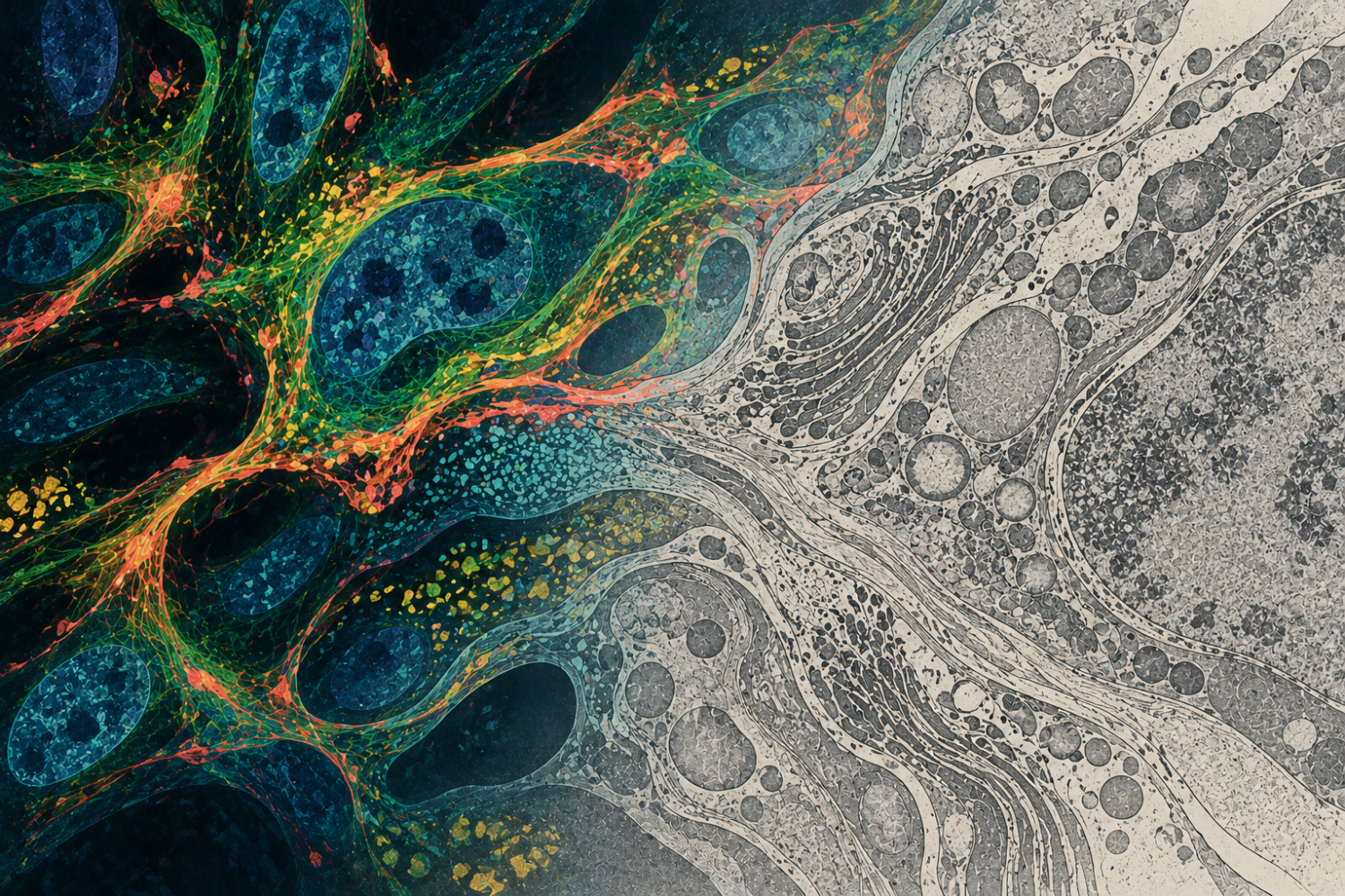 Abstract illustration transitioning from multicolor confocal fluorescence imaging to detailed grayscale transmission electron microscopy, representing biological structures across imaging scales.