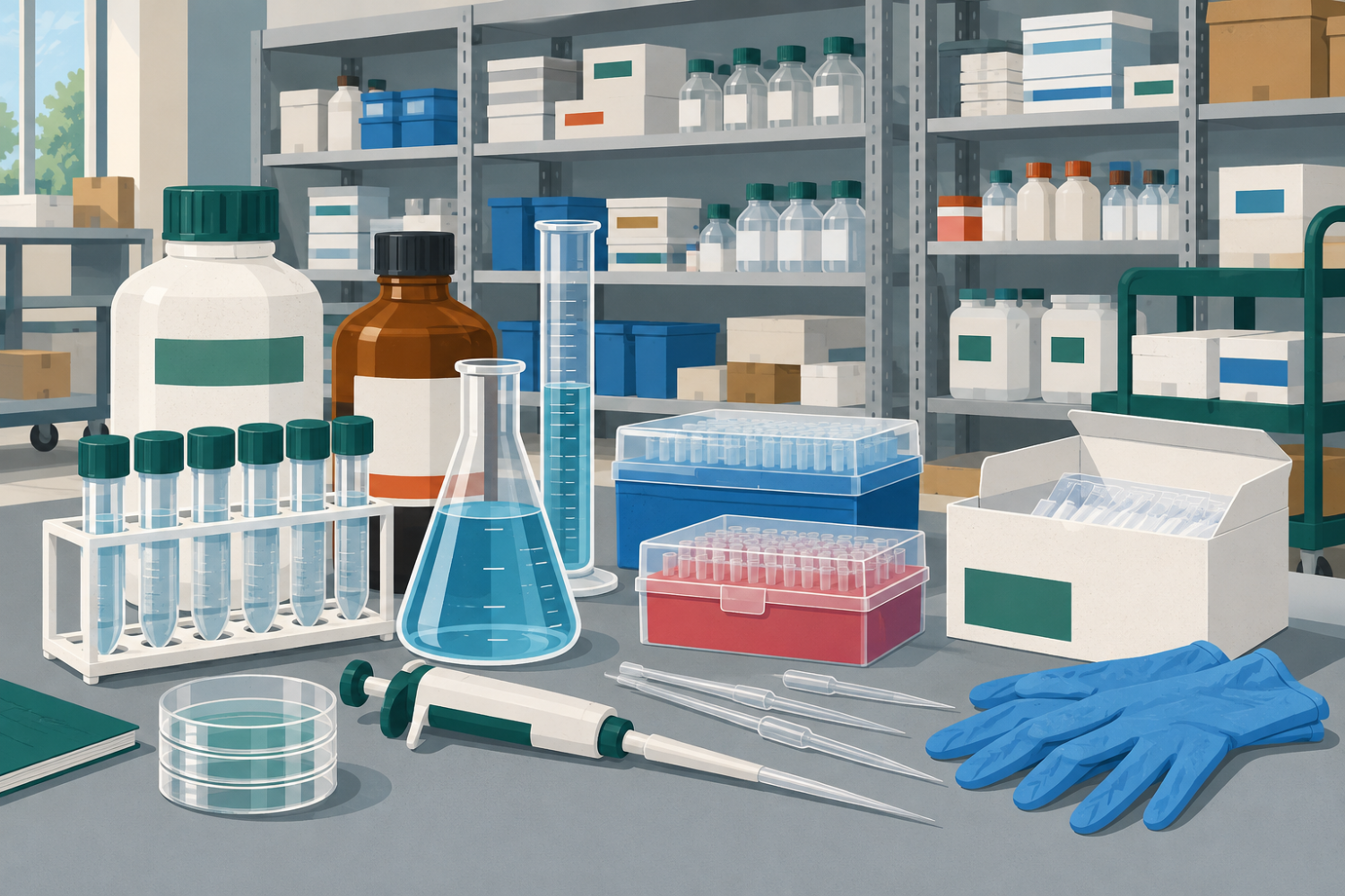 Modern illustration of an organized research supply store featuring laboratory glassware, test tubes, pipettes, reagent bottles, petri dishes, gloves, supply boxes, and stocked shelving.
