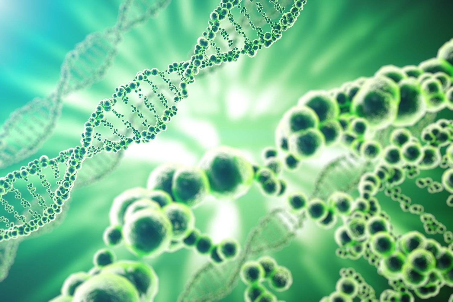 Illustration of DNA double helices and molecular structures representing genetics and bioinformatics research.