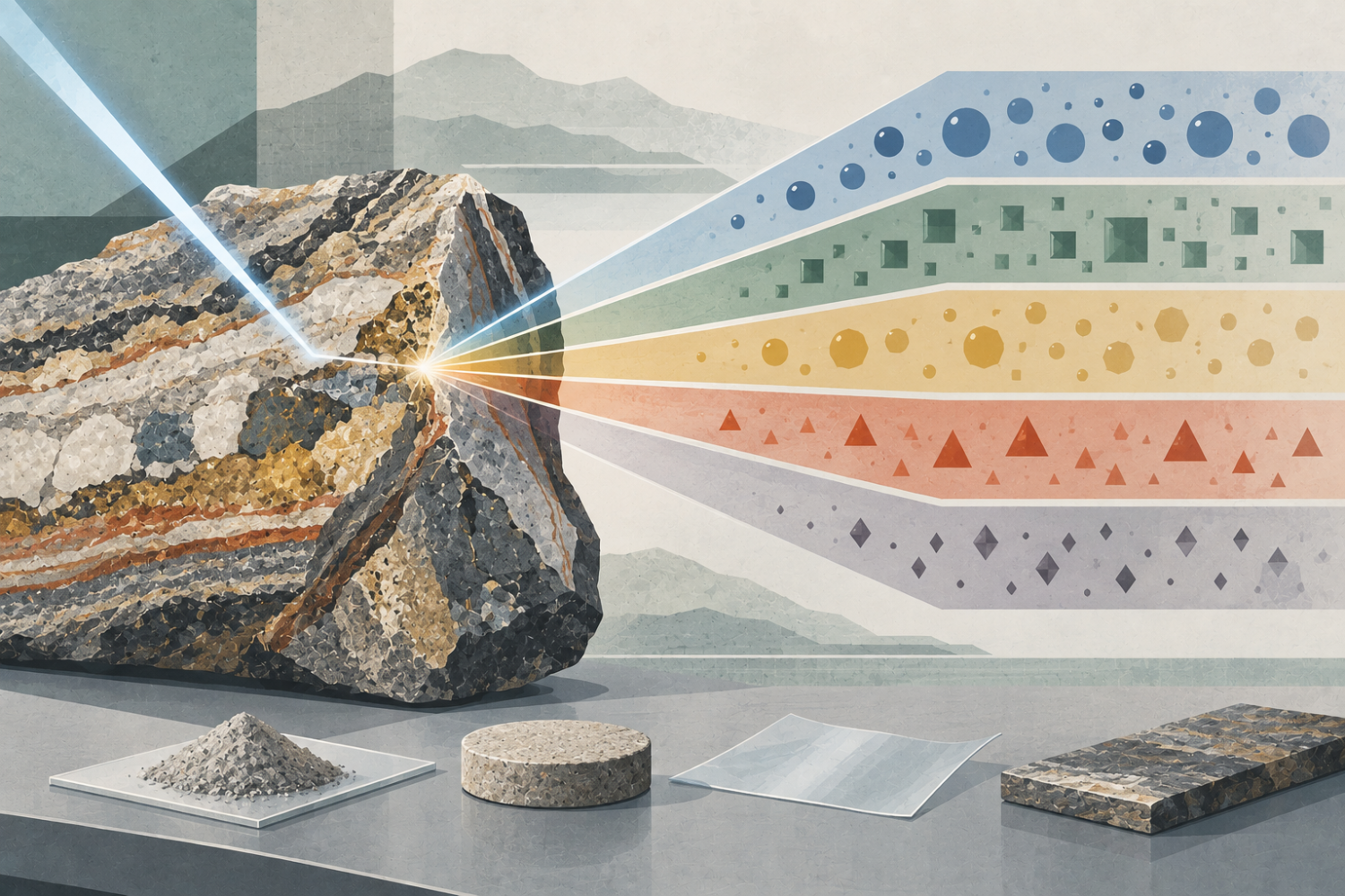 Abstract illustration of X-ray fluorescence analysis showing an X-ray beam striking a geological sample and separating into colored signals representing its elemental composition, with powder, pellet, film, and solid samples below.