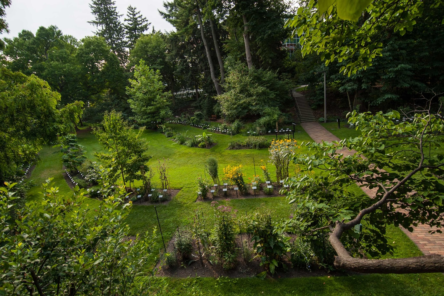 Beal Botanical Garden at Michigan State University, featuring landscaped research beds with labeled plants, green lawns, brick pathways, and mature trees.