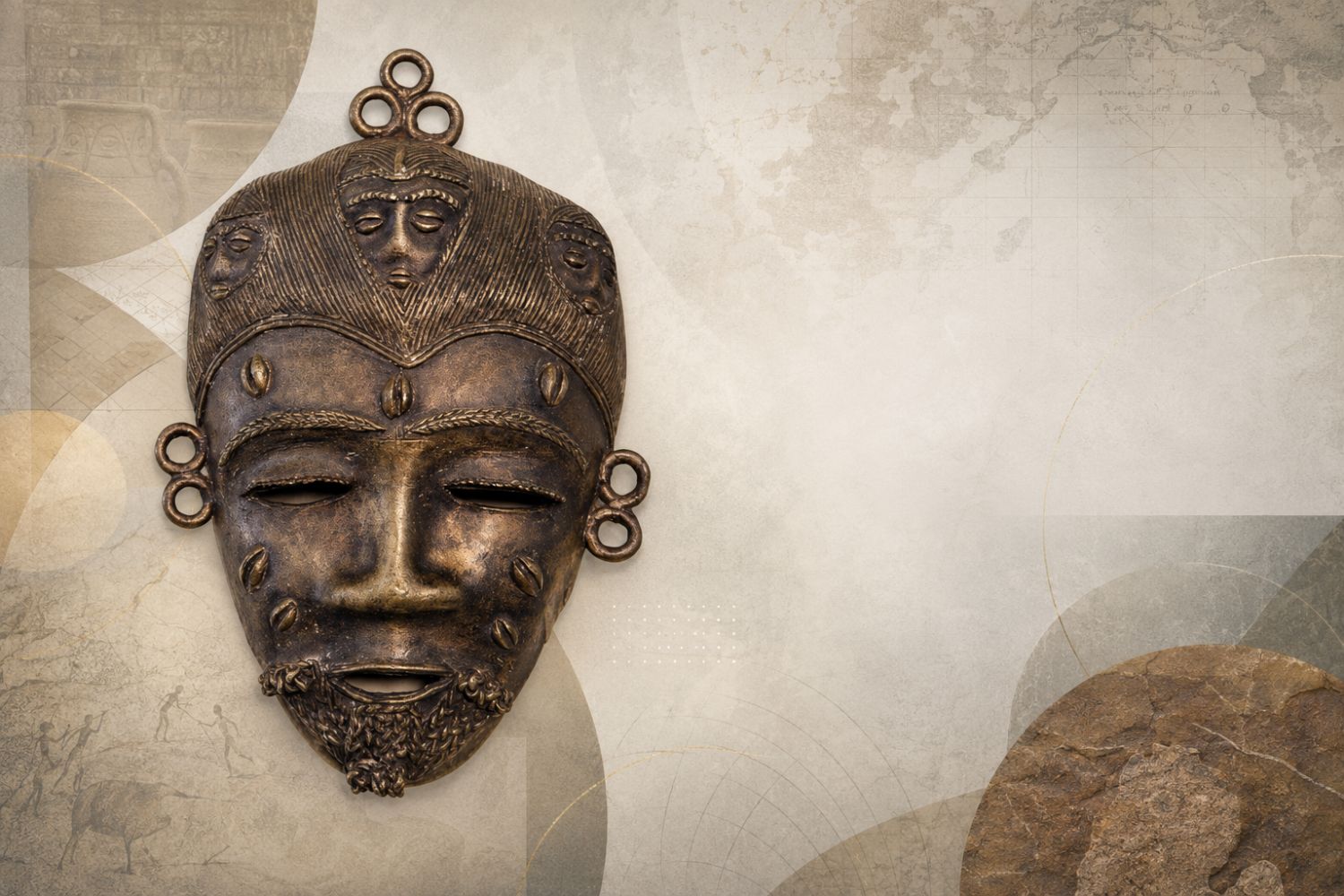 Cast-bronze mask of a bearded male face with three smaller faces incorporated into the hair, made using the lost-wax process and purchased in Abidjan in 1973, displayed against an abstract museum-inspired background.
