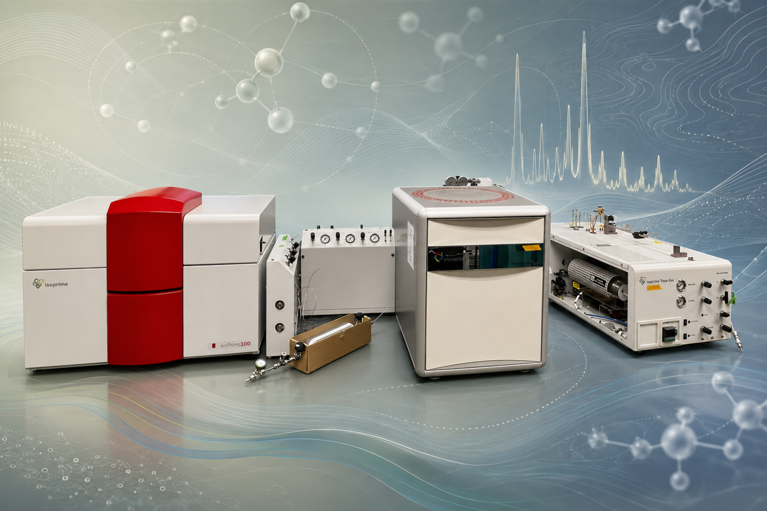 Trace Gas & Isotope Select EA coupled to the Isoprime 100 IRMS, shown with related stable isotope analysis equipment on an abstract scientific background.