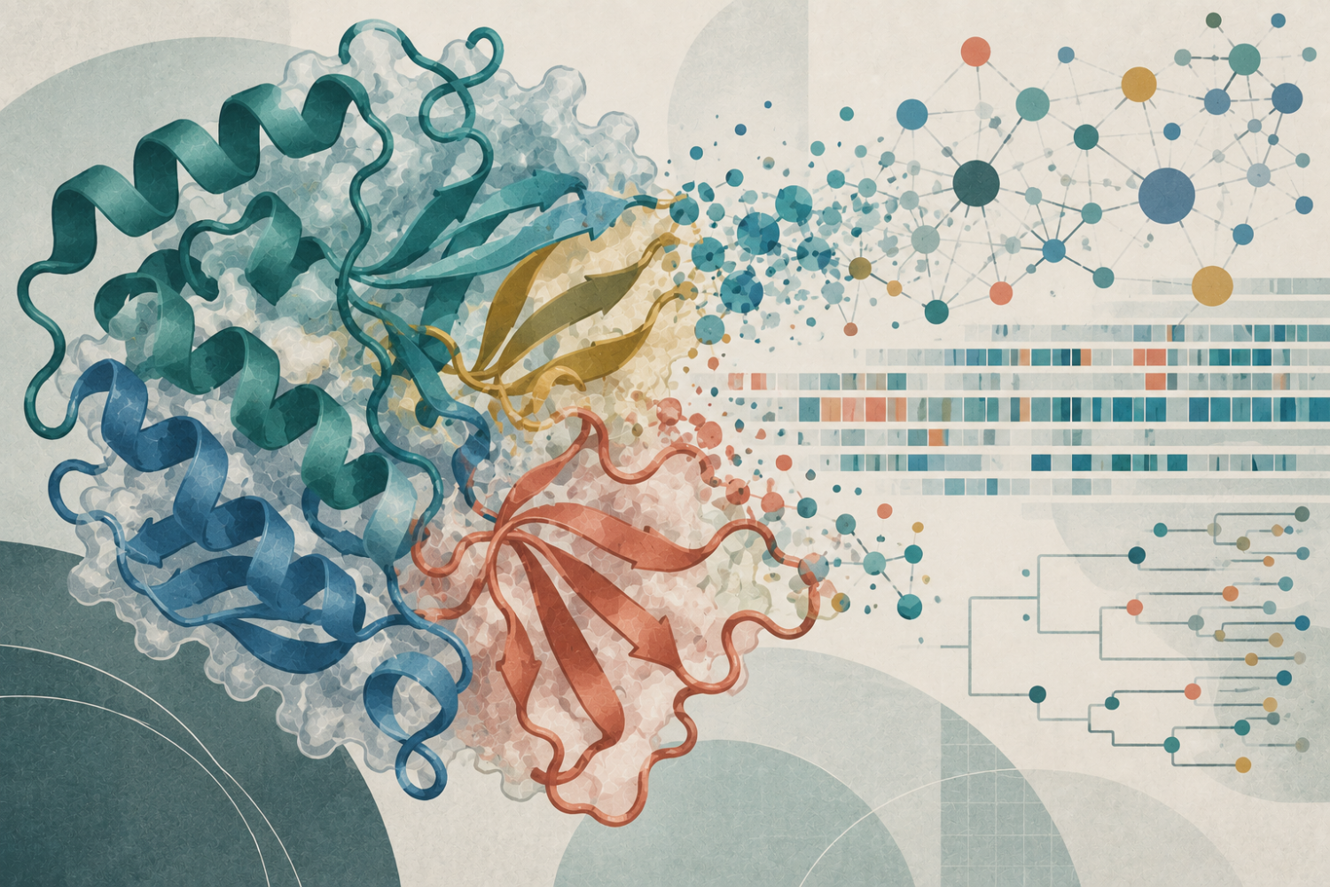 Abstract illustration of a macromolecular protein structure transitioning into computational networks, sequence patterns, and branching relationships representing structural biology, bioinformatics, and evolutionary analysis.
