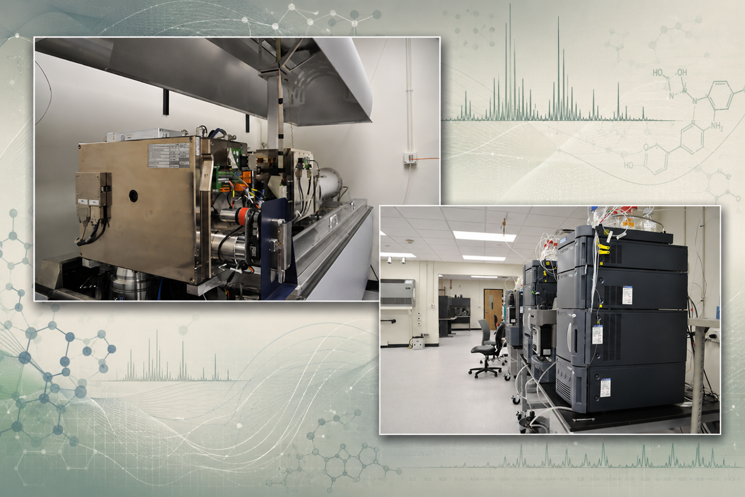 Two mounted photos of mass spectrometry and metabolomics instrumentation displayed over an abstract scientific background with spectral peaks, molecular networks, and analytical data patterns.