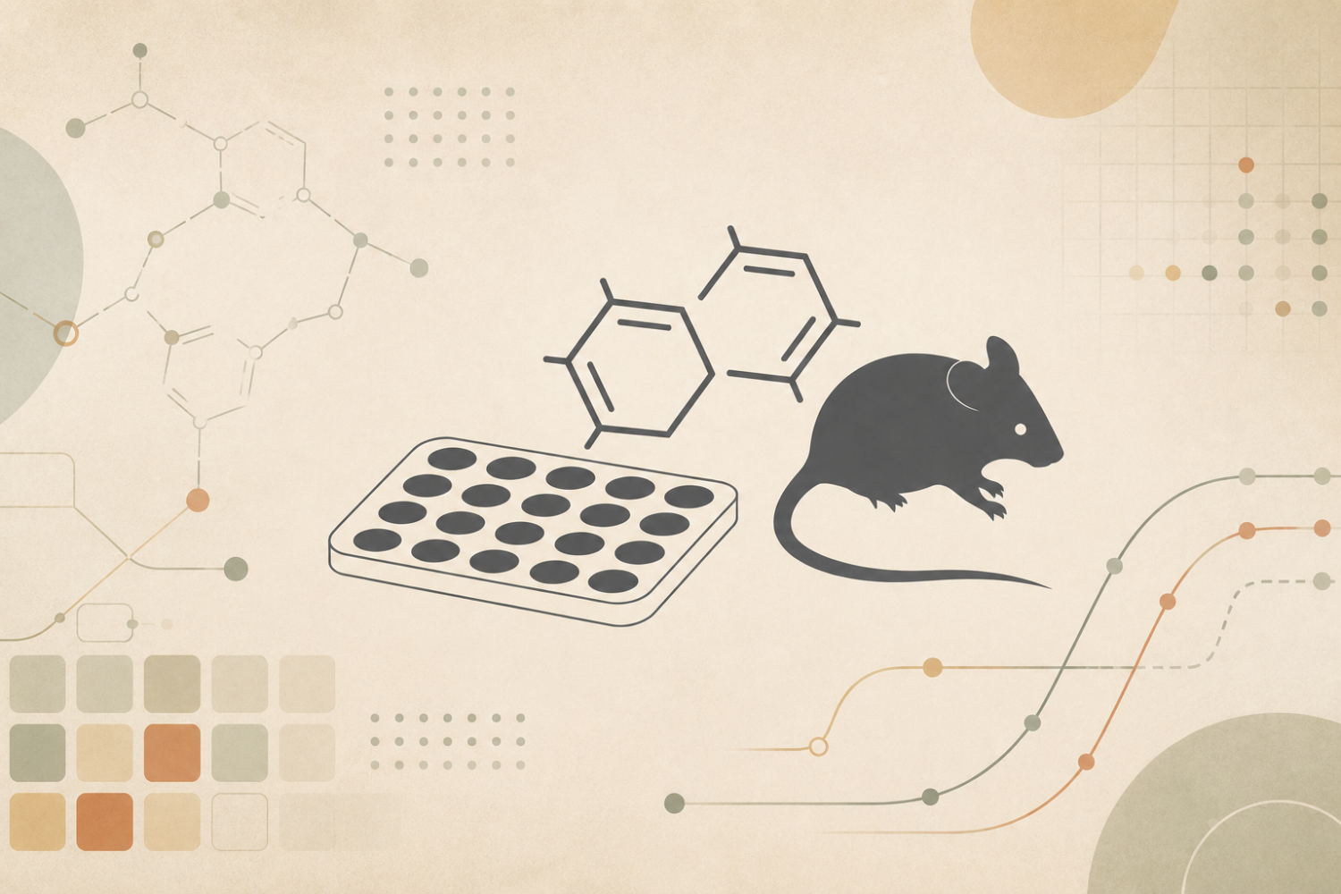 Abstract medicinal chemistry graphic showing a multi-well assay plate, linked chemical ring structures, and a mouse silhouette on a warm parchment background with subtle dose-response curves and compound screening elements.