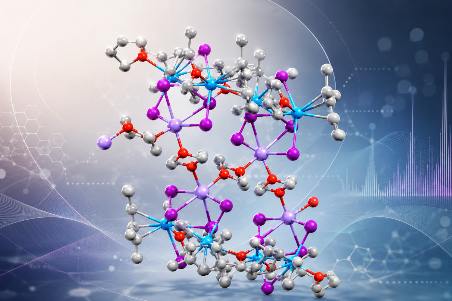 Abstract scientific graphic showing a complex 3D molecular structure with metallic, red, blue, and violet atoms on a soft blue-gray background with subtle molecular patterns and data-like visual elements.