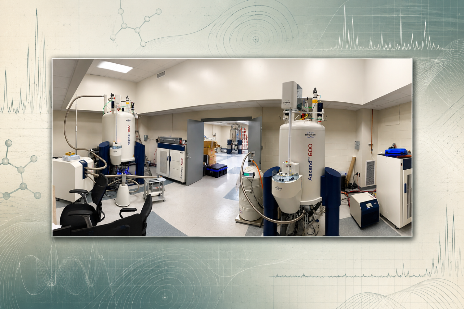 Photo of an NMR facility with large Bruker Ascend 800 and Ascend 600 instruments displayed as a mounted card over an abstract scientific background with spectral peaks, molecular linework, and magnetic field patterns.