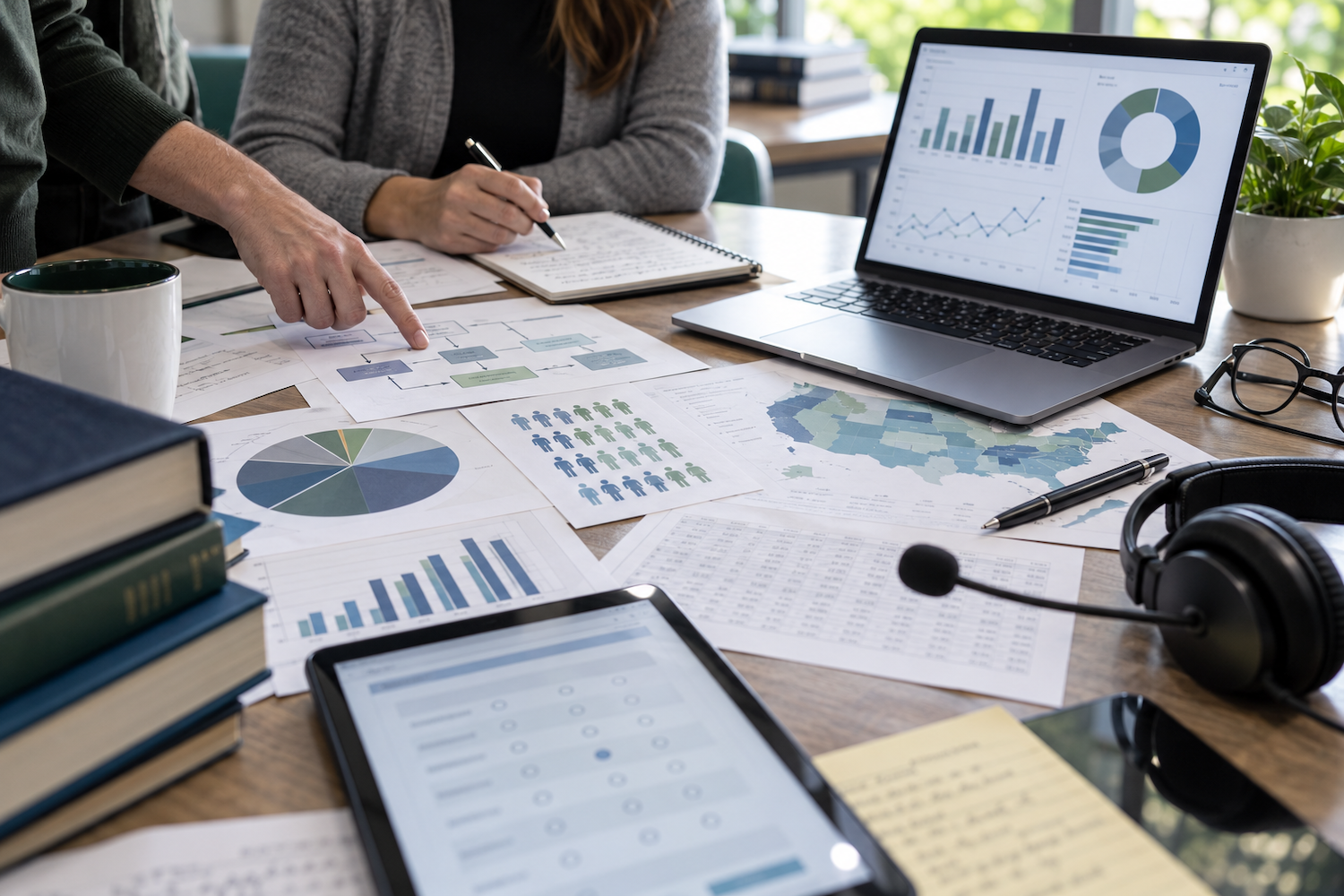 Survey research workspace with researchers reviewing study materials, charts, population data, and survey results alongside digital analysis tools.