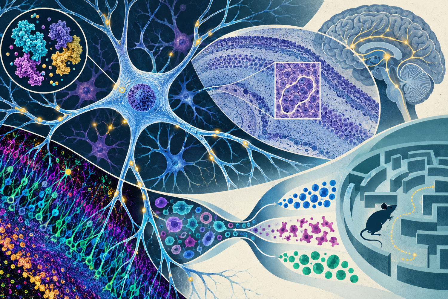 Illustration of translational neuroscience research spanning proteins, neurons, tissue imaging, cellular analysis, brain structure, and behavioral studies
