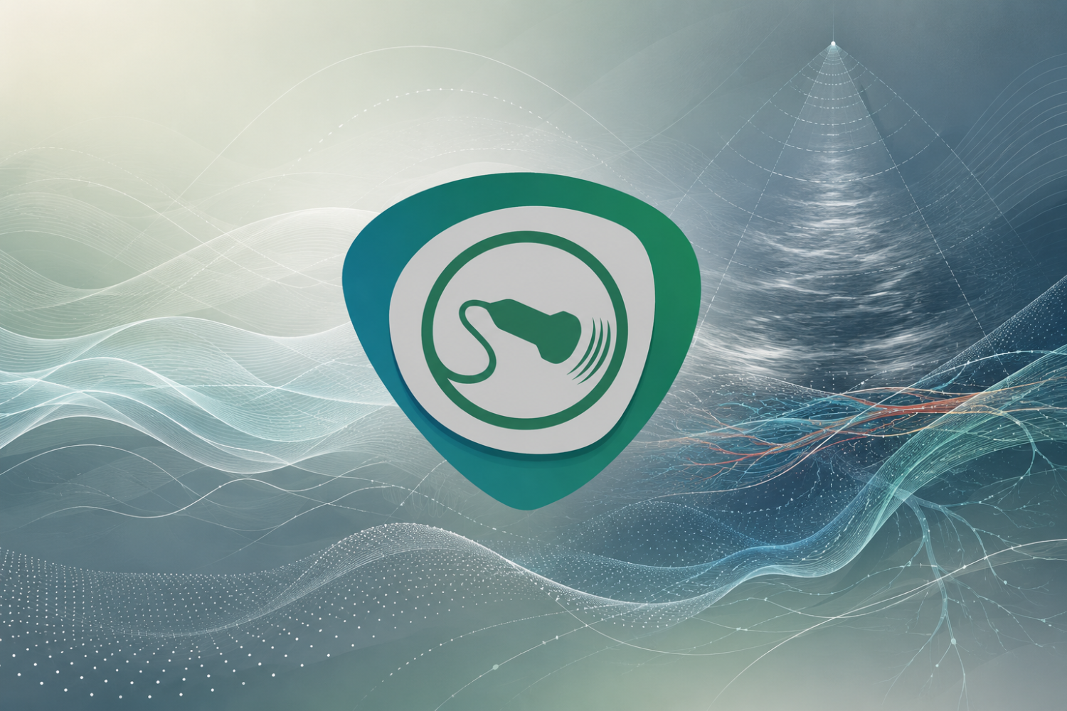 Abstract ultrasound-themed graphic with a rounded triangular probe icon over layered waveforms, Doppler-style flow lines, and grayscale imaging textures in muted teal, sage, and blue-gray tones.